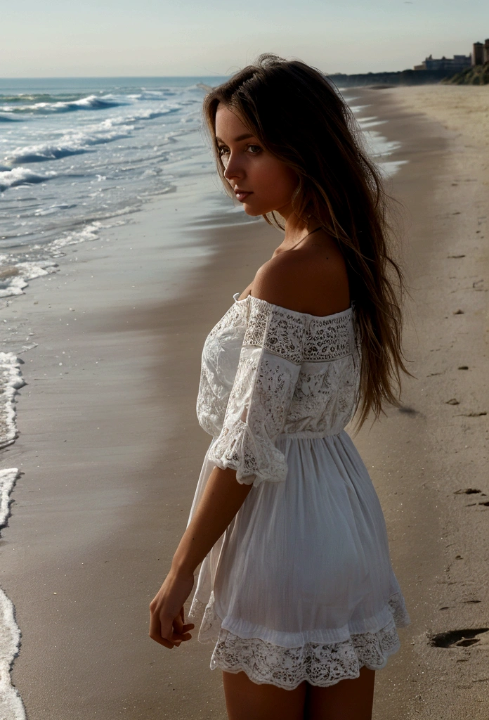fille, cheveux long, marche sur la plage vue de dos, avec la mer devant elle, master peace