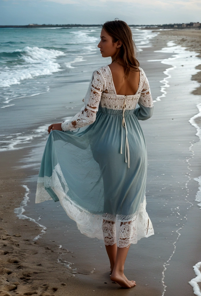 fille, cheveux long, marche sur la plage vue de dos, avec la mer devant elle, master peace