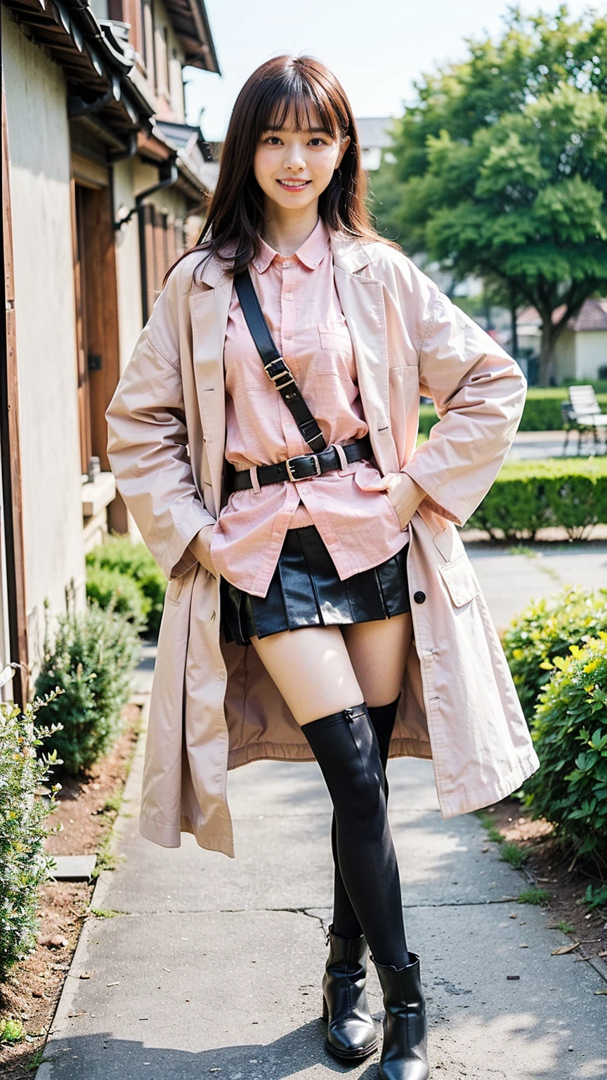 (8K、RAW Photos、Highest quality、masterpiece:1.2)、(Realistic、Realistic)、1 Girl、((mini skirt、shirt、pink long coat、black、Thin legs、whole body、boots、one piece、tights、garden、View from the front、smile、Looking into the camera、belt、Stand with hands on hips))、cute