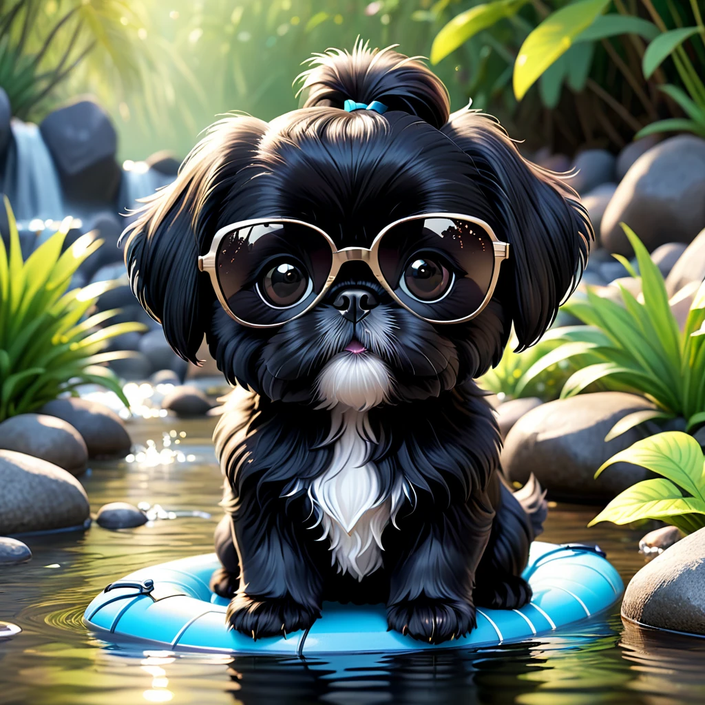 2 Adorable small black Shih Tzu puppies black sunglasses fishing at the creek 3d cartoon 3d render disney pixar style