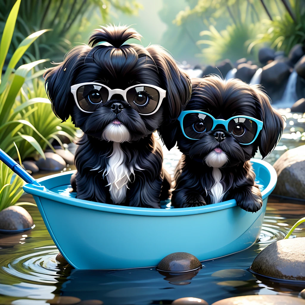 2 Adorable small black Shih Tzu puppies black sunglasses fishing at the creek 3d cartoon 3d render disney pixar style