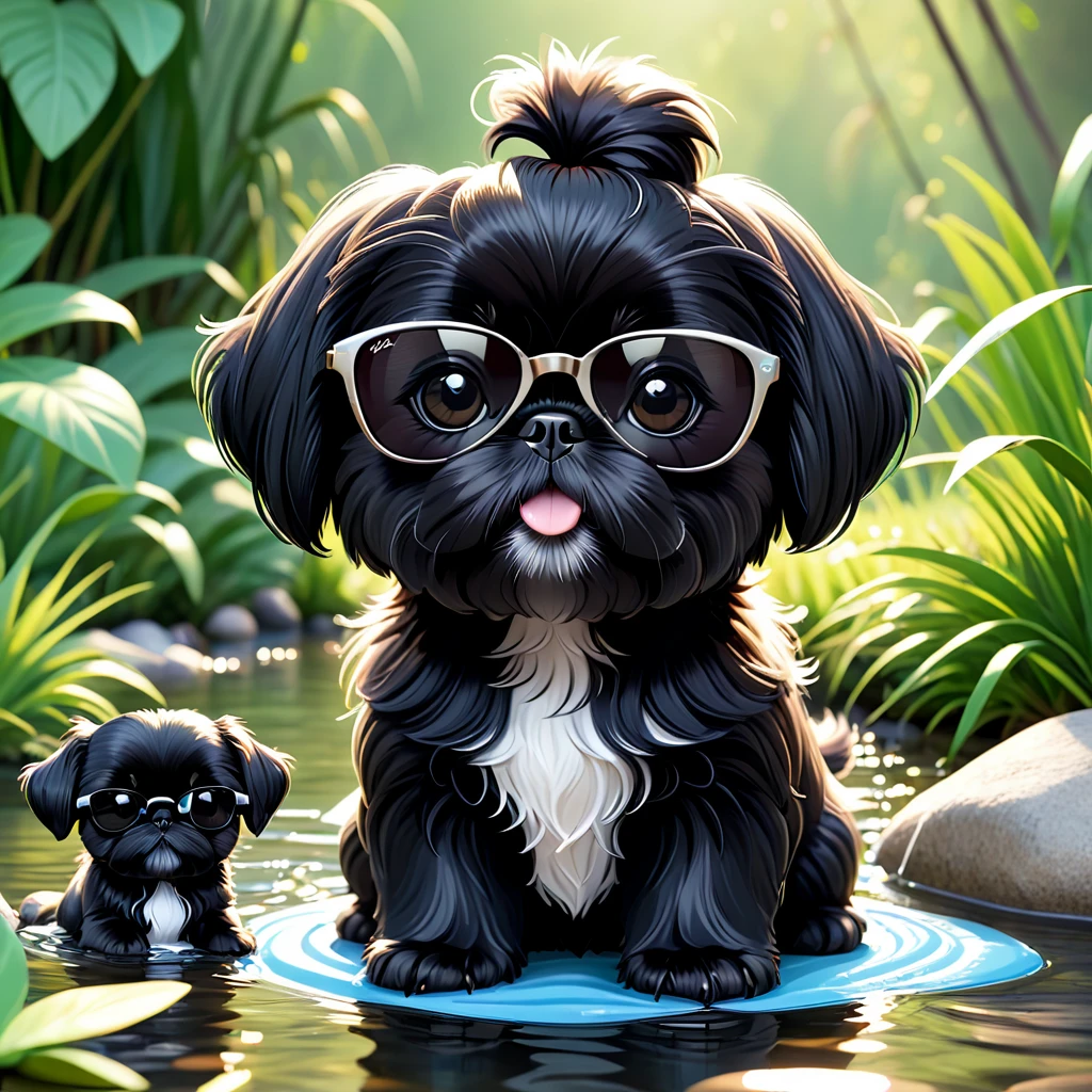 2 Adorable small black Shih Tzu puppies black sunglasses fishing at the creek 3d cartoon 3d render disney pixar style