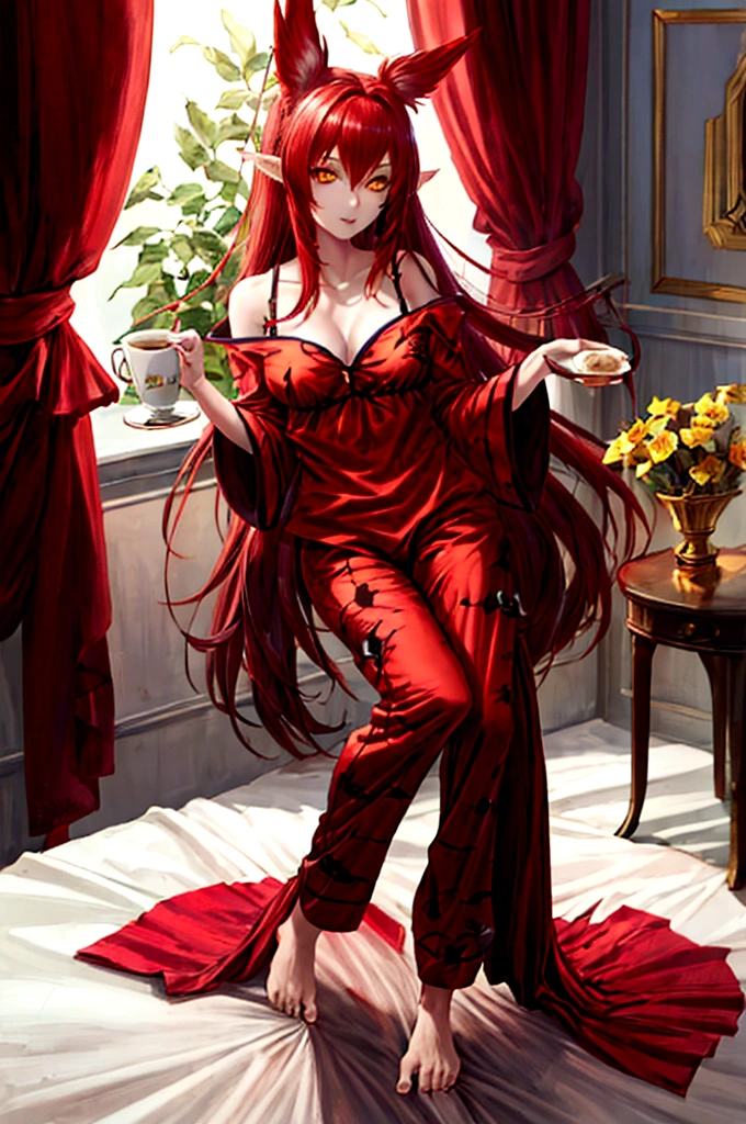 Estilo League of Legends, long hair redhead girl, with red feathered ears and sharp yellow eyes, full body, using rest set,pajamas, cute pajama, with cup of coffee in hand. background of room in the morning, Master pice, full HD, maximum quality.