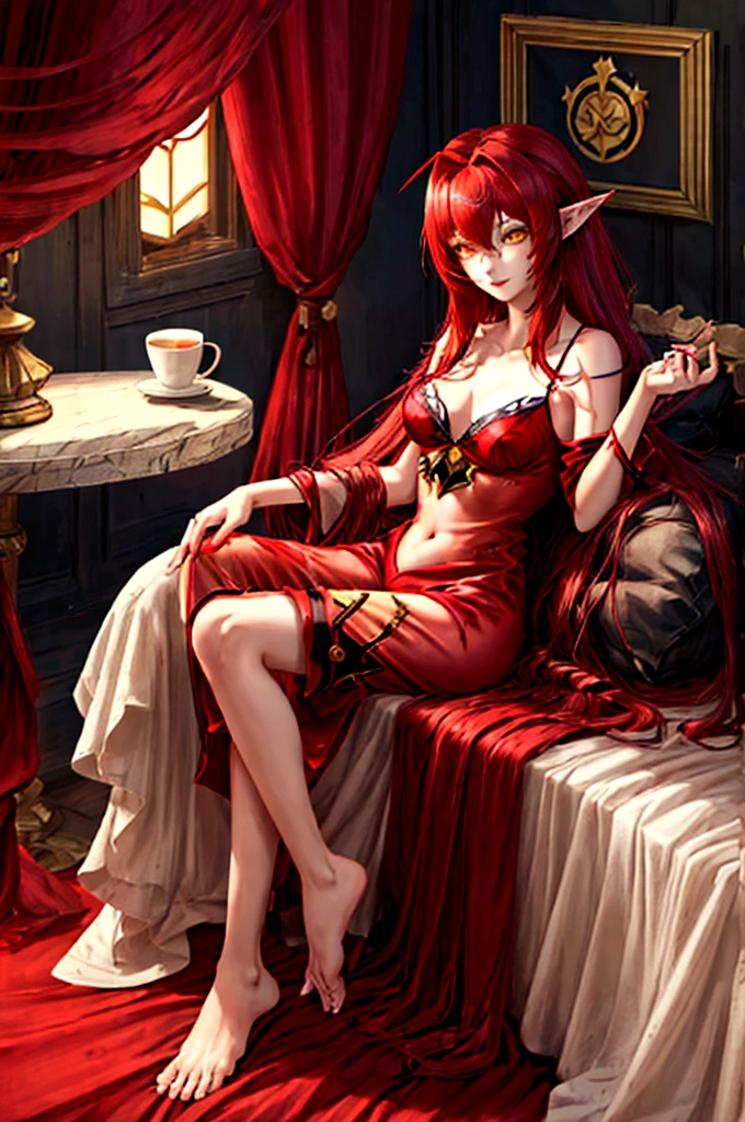 Estilo League of Legends, long hair redhead girl, with red feathered ears and sharp yellow eyes, full body, using rest set,pajamas, cute pajama, with cup of coffee in hand. background of room in the morning, Master pice, full HD, maximum quality.