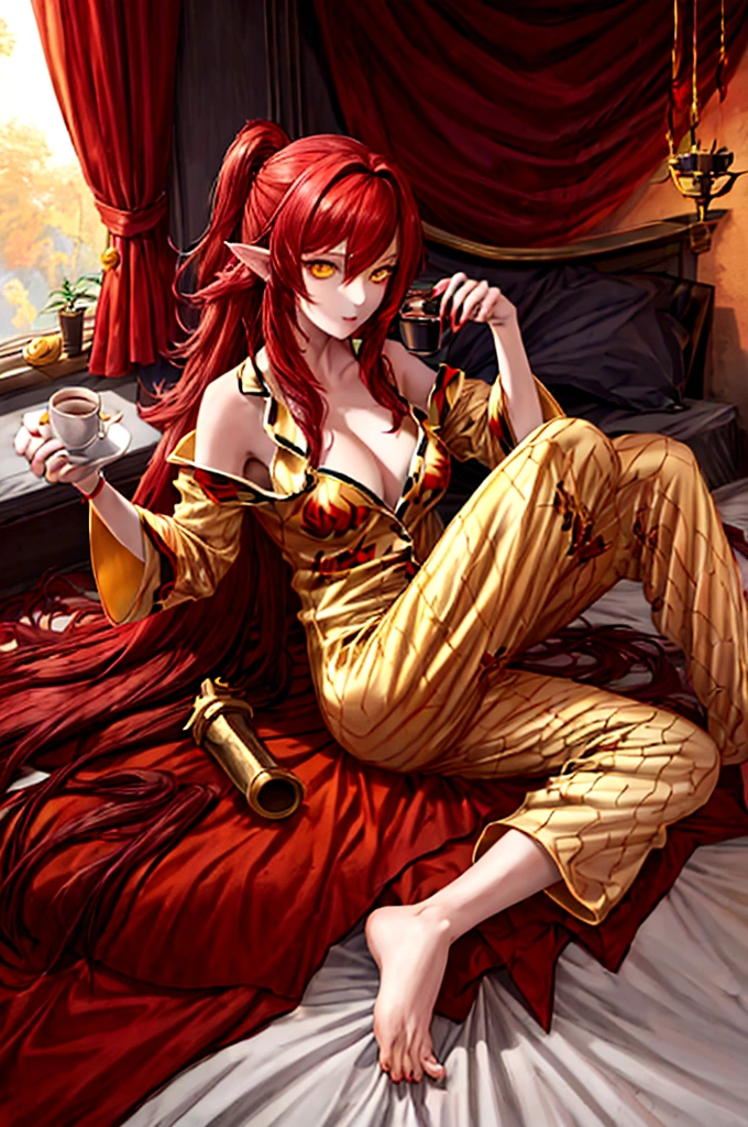 Estilo League of Legends, long hair redhead girl, with red feathered ears and sharp yellow eyes, full body, using rest set,pajamas, cute pajama, with cup of coffee in hand. background of room in the morning, Master pice, full HD, maximum quality.