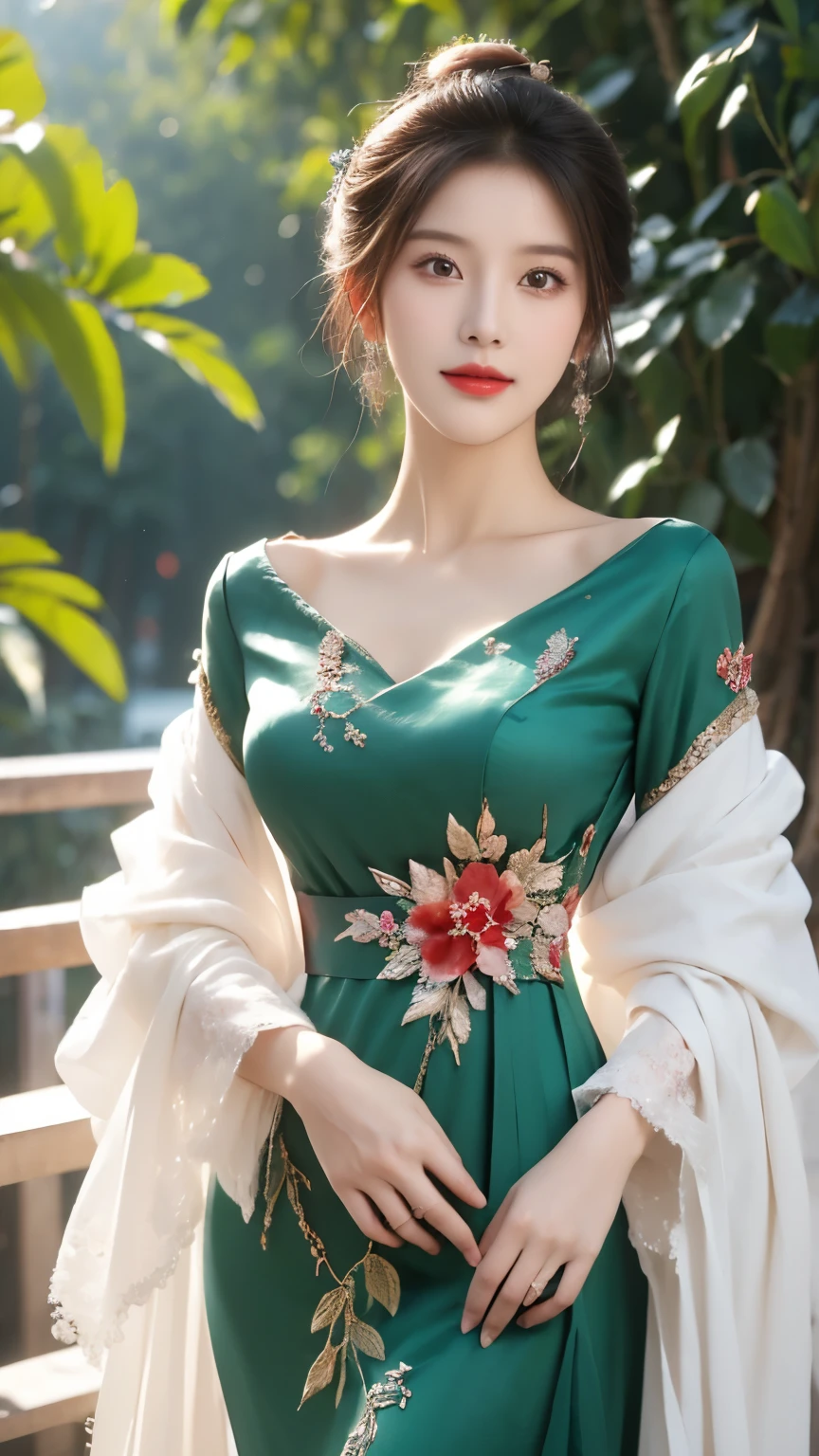 ((masterpiece)), best quality, (8K, best quality, masterpiece: 1.2), Extremely detailed, She was wearing an exquisite Chinese wedding dress，The skirt is embroidered with auspicious patterns of dragons and phoenixes，Wearing a jeweled phoenix crown，Exquisite makeup，Red lips and white teeth，Eyes and eyebrows are picturesque，Exudes an elegant and noble atmosphere。Her hair is tied into a bun，There is a red silk flower on it.，More gentle and charming。She wore an emerald ring on her finger.，Wearing a jade bracelet on the wrist，Every step exudes the charm and charm of oriental women。