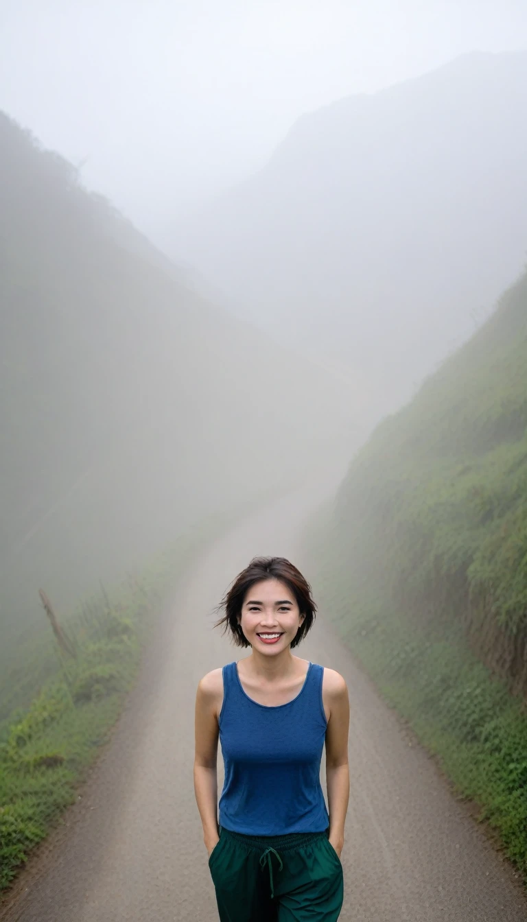 Beautiful Korean Woman, Chest size 34 inches, Wearing high-end luxury brand sleeveless and high-quality casual pants., Foggy scenery of Sapa, Vietnam, I can see the trail, Short and medium hair blowing in the wind, Taken from a distance with a wide angle lens, Realistic living landscape, Front photo facing the camera, best picture quality, Short medium hair blowing in the wind, smile brightly, A thick fog obscures the front, Standing on a very narrow mountain path, Slightly medium hair blowing in the wind, , hair blowing in the wind, Look at the front camera, The mountain road is very narrow. It is a very small mountain road., Front shot of a person walking from a distance