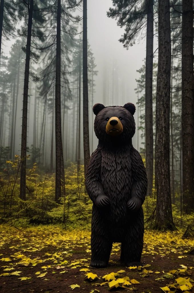A little bear sits in a dark forest，Deep sadness in his eyes。It bows its head，Slightly droopy ears，There are some yellow leaves scattered around。The trees in the background appear tall and eerie.，Gray clouds floating in the sky，It seems like it&#39;s going to rain。The little bear&#39;s eyes were sparkling with tears，A little hand holding itself，Looks  and helpless。