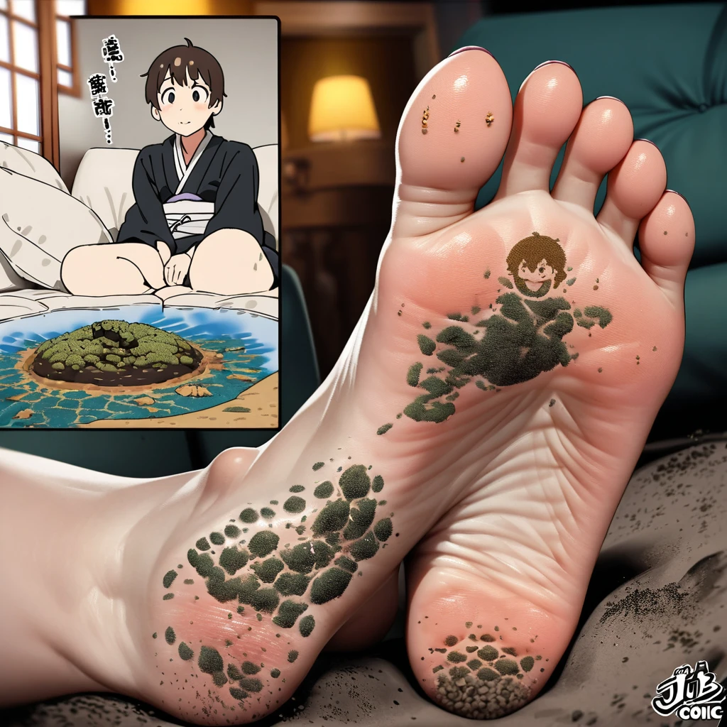 a lady sitting on the sofa，The feet were covered with dirt, Kago Shintaro, feet art pov, feet art, Dirt - Skin, wart, sore, Giantess Art, dirt stains, full of tar, Junji is 4k, High bottom, Detailed feet POV, Japanese cartoons, Algae feet, comics