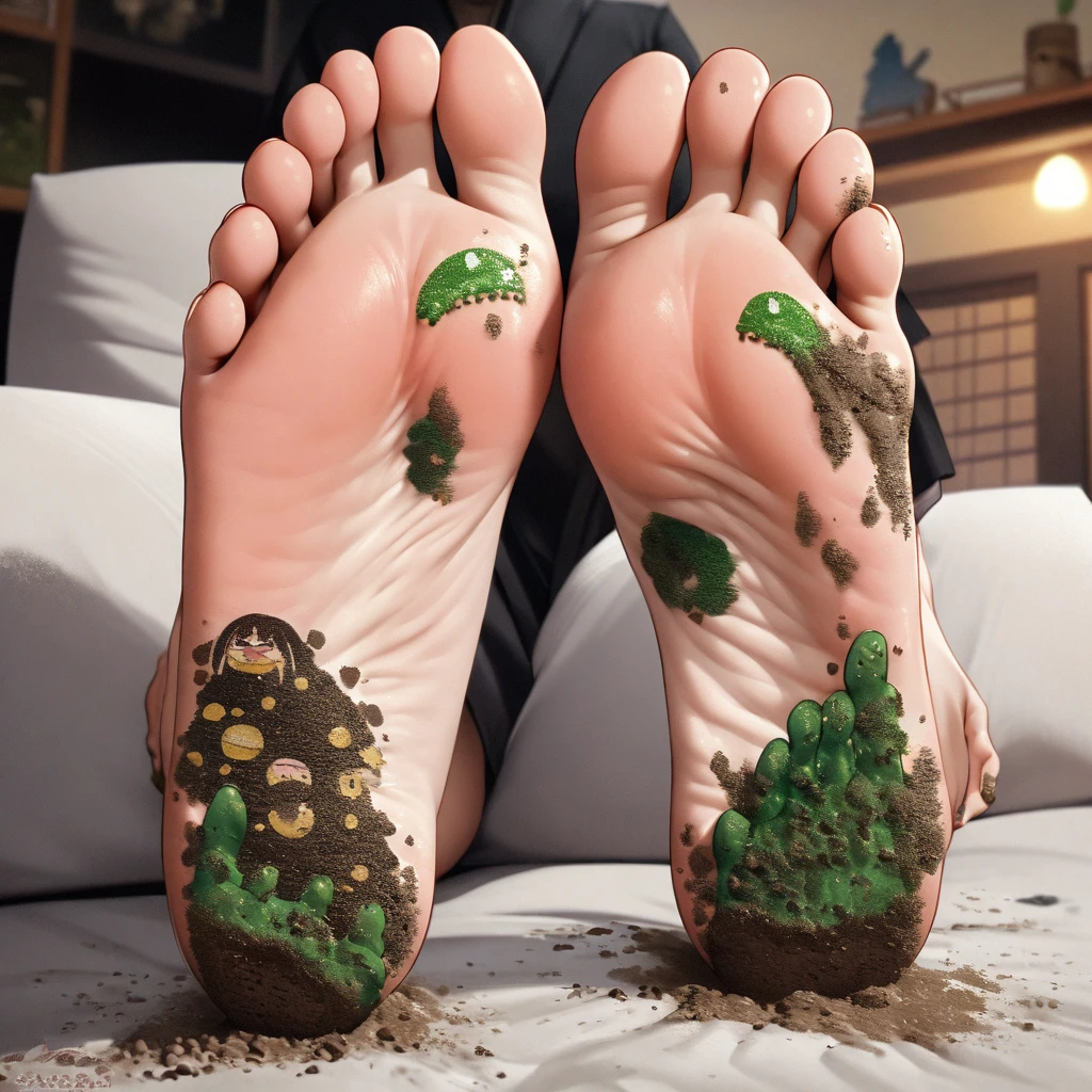 a lady sitting on the sofa,The feet were covered with dirt, Kago Shintaro, feet art pov, feet art, Dirt - Skin, wart, sore, Giantess Art, dirt stains, full of tar, Junji is 4k, High bottom, Detailed feet POV, Japanese cartoons, Algae feet, comics