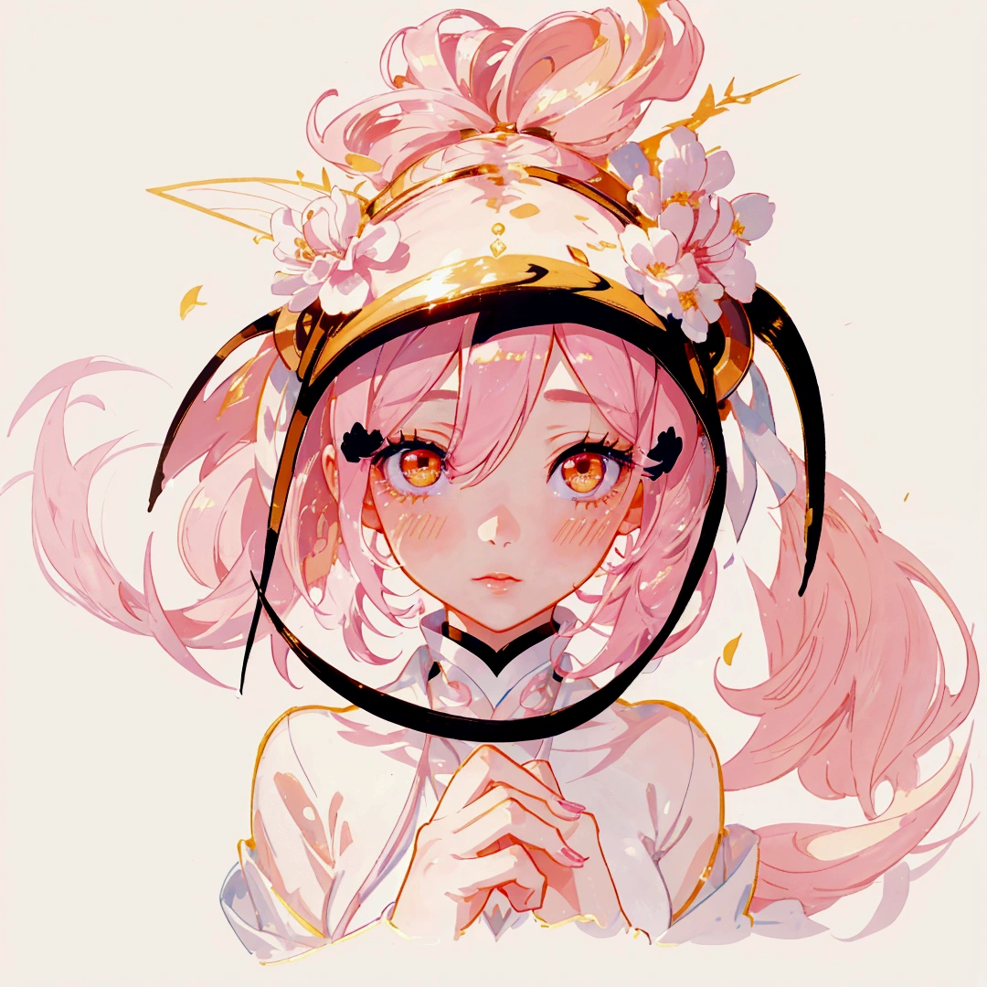 Close-up of a beautiful girl with pink hair and golden eyes,Double ponytails,Long eyelashes,Golden eye shadow,A light blush on the lips。Her hands touch her face,Her fingers are slender,And beautiful long nails。Pastel colors are used for surreal portraiture and fantasy illustrations。Ethereal background provides a cute cartoon design,Gently illuminates the dreamlike picture,Digital art technique showing detailed brush strokes in high resolution in the style of a fantasy illustrator