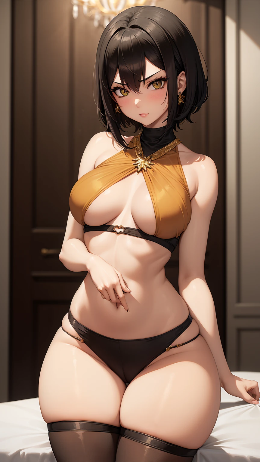 Beautiful woman with short straight black hair with green eyes wearing Orange Tight Leggings, Sexy Criss Cross Mock Neck Short Sleeves Blue Blouse, luxurious jewelry, 18k gold wedding ring on left hand, standing in her bedroom at night, (caucasian skin), (light brown lipstick), (elegant mascara), (slim body), (small breasts), (wide hips), midjourney, <lora:GoodHands-, <lora:GoodLegs-, UHD, high resolution, (expressive eyes, perfect face, full body, expressive face, perfect body, perfect pussy, athletic, fit, slim body, blushing, Perfect makeup, eyeliner, beautiful eyelashes, smiling, horny face), ((best illumination, best shadows)), ((sexy pose))
