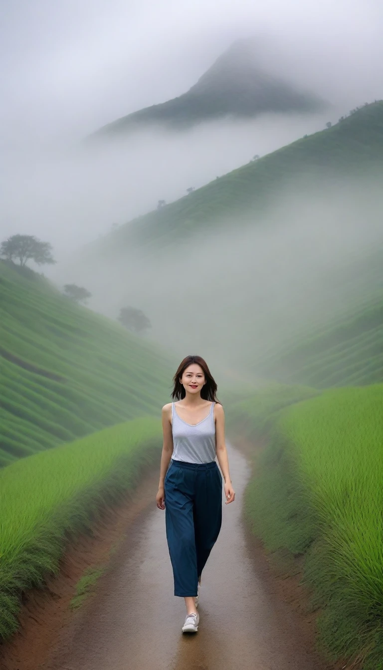 Beautiful Korean Woman, Chest size 34 inches, Wearing high-end luxury brand sleeveless and high-quality casual pants., Foggy scenery of Sapa, Vietnam, I can see the trail, Short and medium hair blowing in the wind, Taken from a distance with a wide angle lens, Realistic living landscape, Front photo facing the camera, best picture quality, Short medium hair blowing in the wind, smile brightly, A thick fog obscures the front, Standing on a very narrow mountain path, Slightly medium hair blowing in the wind, , hair blowing in the wind, Look at the front camera, The mountain road is very narrow. It is a very small mountain road., Front shot of a person walking from a distance