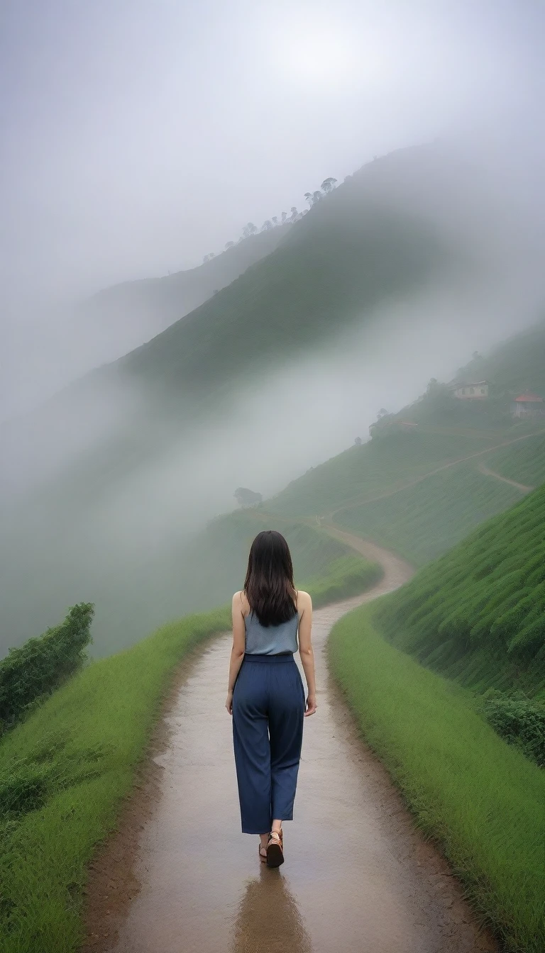 Beautiful Korean Woman, Chest size 34 inches, Wearing high-end luxury brand sleeveless and high-quality casual pants., Foggy scenery of Sapa, Vietnam, I can see the trail, Short and medium hair blowing in the wind, Taken from a distance with a wide angle lens, Realistic living landscape, Front photo facing the camera, best picture quality, Short medium hair blowing in the wind, smile brightly, A thick fog obscures the front, Standing on a very narrow mountain path, Slightly medium hair blowing in the wind, , hair blowing in the wind, Look at the front camera, The mountain road is very narrow. It is a very small mountain road., Front shot of a person walking from a distance