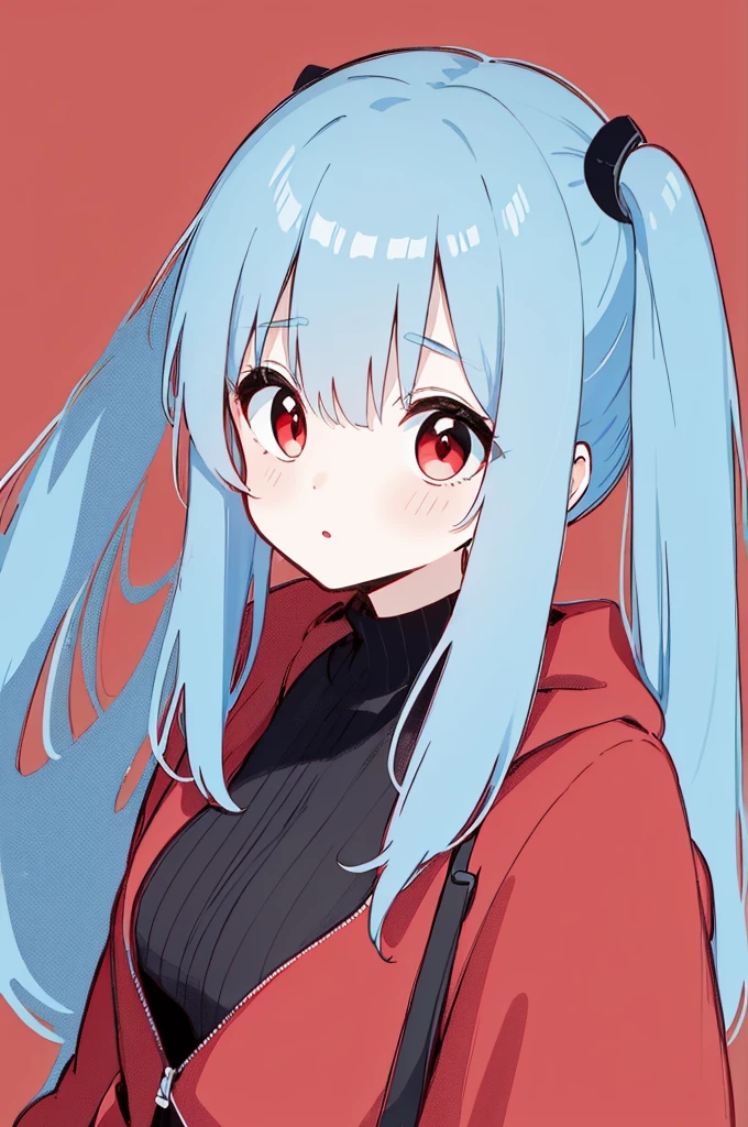 Young woman, Upper Body, big face. Turquoise hair, Red Eyes, Black , Simple red background