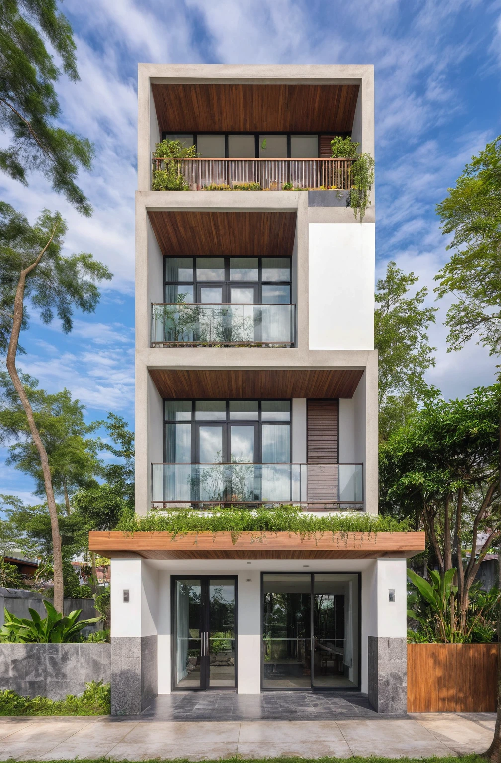 A 2-story house in Da Lat, captured in crisp morning light. This modern abode showcases a mix of white paint, expansive glass, concrete and wooden accents, surrounded by greenery and stone details. Crafted by Vo Trong Nghia, the house exudes a peaceful and elegant space, perfectly suited to its landscape location.