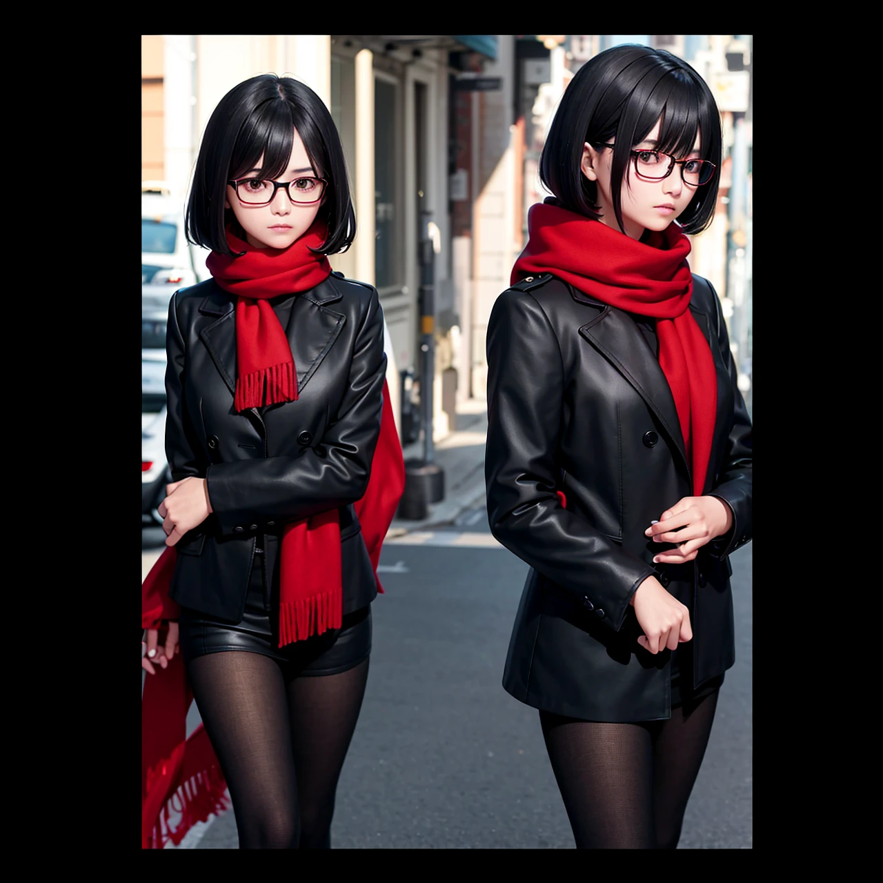 A girl with medium black hair with a side hairstyle, closed black jacket red scarf, with glasses, oval shaped car