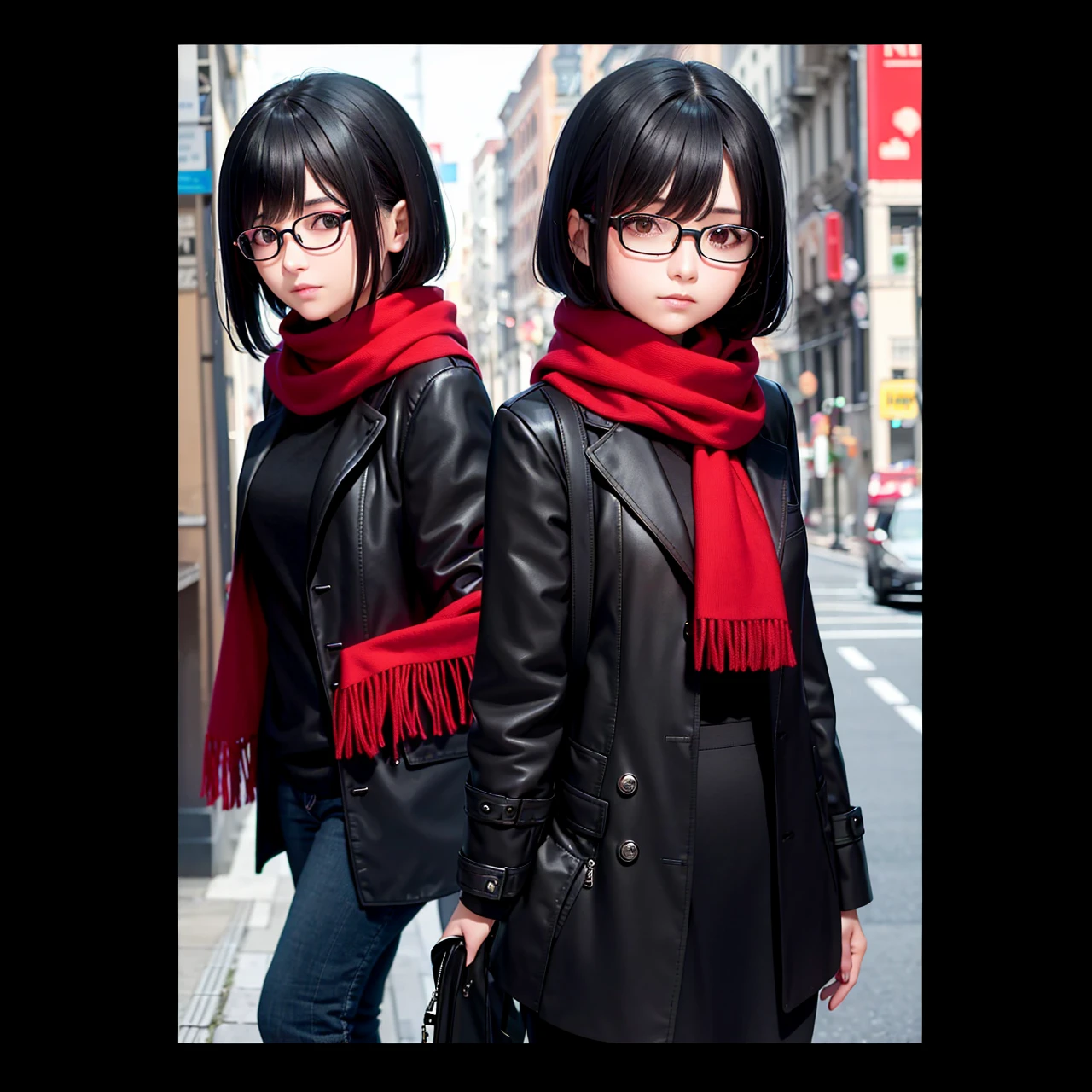 A girl with medium black hair with a side hairstyle, closed black jacket red scarf, with glasses, oval shaped car