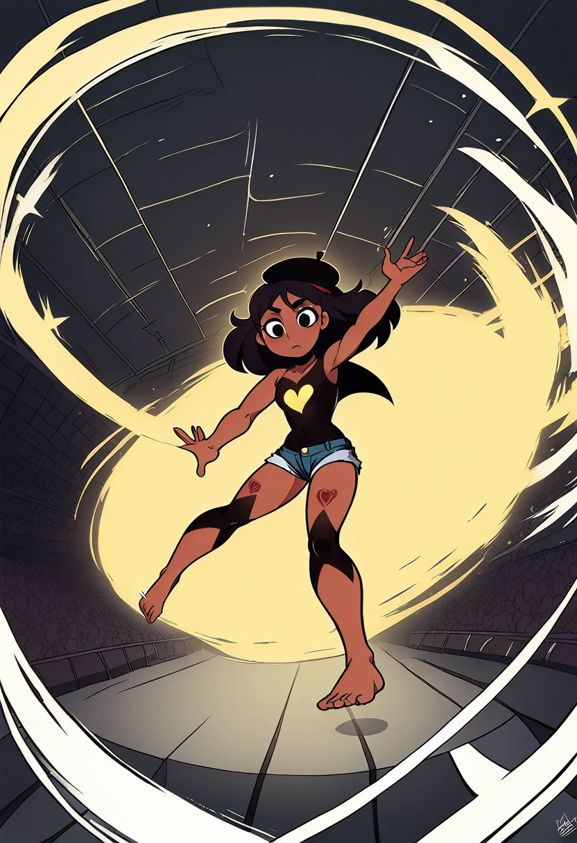 {{{{{{{{  2d/3d hybrid, unreal Engine, cel-shaded animation,  masterpiece, hdr, 4k, ray tracing detailed background, amazing quality, incredibly aesthetic, incredible sharp absurdres, incredibly sharp gradients, deep highlights,  {{connie maheswaran}}, sensualcore,  hyper stylistic, Raw sensuality, fabric texture, sensuous angle, skin indentations, flowing emotions }}}}}, { very darkskin,, age 25, photoshoot in a club, dancing, strong, attractive, perfect},  sensous open back bodysuit, micro shorts star back pockets, beret, "flirty fighter " text along chest , "heart☆berry" stomach tattoo,  teasing, perfect body, square-shaped figure, wide heart hips, perfect black eyes, perfect face, perfect hands, perfect charm, mischievous prankster, impact frame, motion lines, details, , cool tones, rich atmospheric shading, sensual shadowing, Life size body, dynamic angle, dynamic pose,  dynamic perspective, dynamic Line of action, dynamic scenery, atmospheric lighting, Cinematography, 