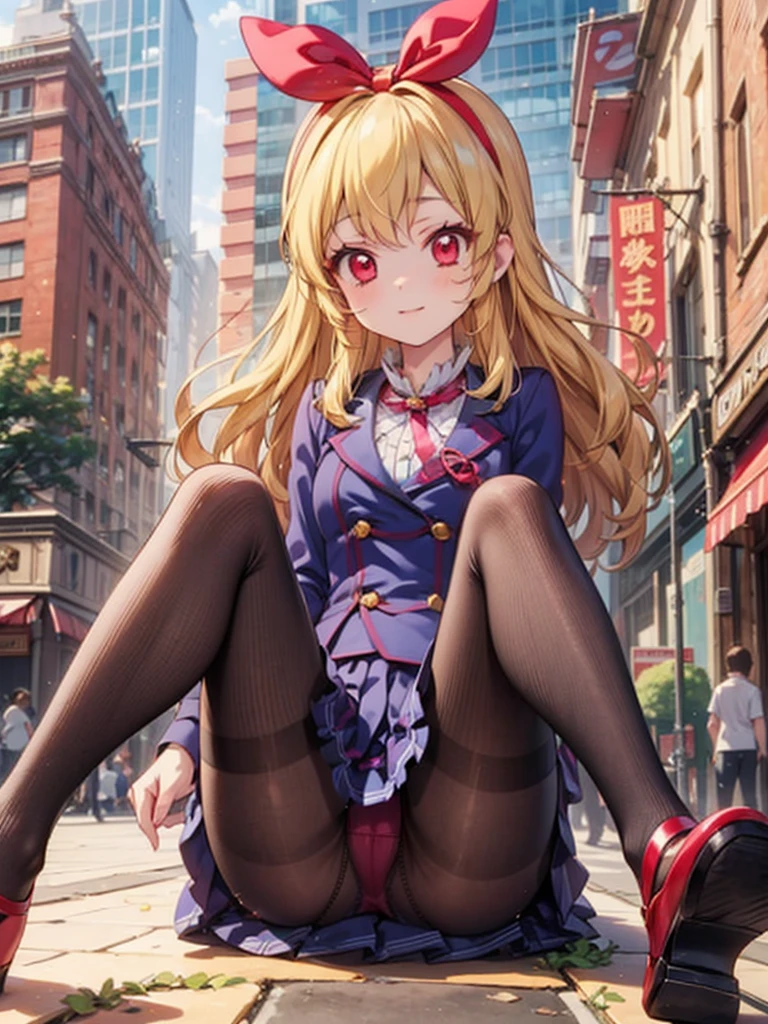 an anime girl wearing a short skirt and sitting on a floor all dressed up,1girl,pantyhose,solo,panties under pantyhose,underwear,panties,long hair,blonde hair,red eyes,,skirt,_breasts,shoes,Ichigo Hoshimiya (Aikatsu!)