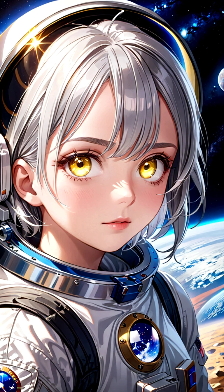 (A better quality masterpiece in close-up:1.5)0.9], (space and astronaut:1.2) (messy silver hair:1.1) (yellow eyes with heterochromia and blue eyes:1.2) (space helmet:1.0) (colored stars in the eyes:1.0) (radiant light:1.1) (big lips:0.9)