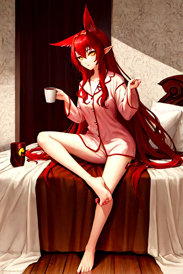 Estilo League of Legends, long hair redhead girl, with red feathered ears and sharp yellow eyes, full body, using rest set,pajamas, cute pajama, with cup of coffee in hand. background of room in the morning, Master pice, full HD, maximum quality.