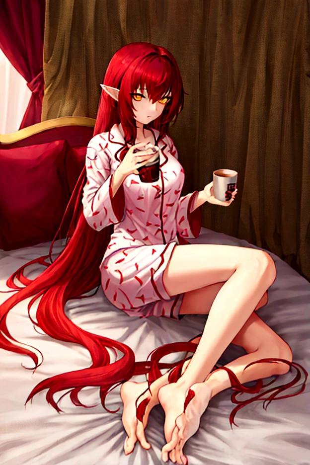 Estilo League of Legends, long hair redhead girl, with red feathered ears and sharp yellow eyes, full body, using rest set,pajamas, cute pajama, with cup of coffee in hand. background of room in the morning, Master pice, full HD, maximum quality.