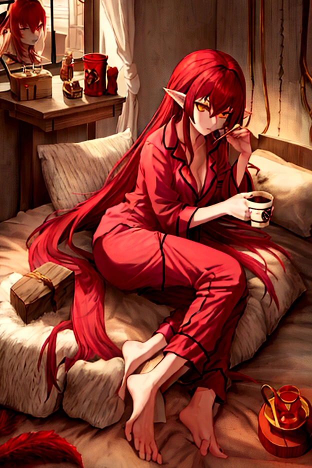 Estilo League of Legends, long hair redhead girl, with red feathered ears and sharp yellow eyes, full body, using rest set,pajamas, cute pajama, with cup of coffee in hand. background of room in the morning, Master pice, full HD, maximum quality.