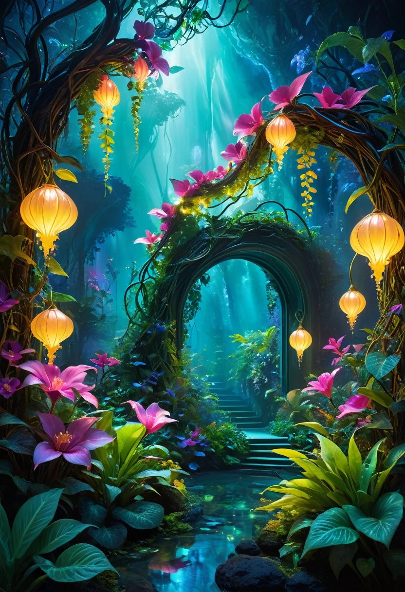 (best quality,4k,8k,highres,masterpiece:1.2),ultra-detailed,(realistic,photorealistic,photo-realistic:1.37),bright and colorful lighting,vivid colors,botanical dreamscape,magical alien plant,ethereal atmosphere,otherworldly,alien landscape,alien vegetation,extraterrestrial flora,unsual plant life,exotic display,nurtured by cosmic energy,phosphorescent glow,glowing petals,crystalline leaves,bioluminescent tendrils,surreal and vibrant,rich saturation,organic shapes,translucent blossoms,dreamlike fantasy,enchanted environment,lush growth,abundant foliage,twisting vines,shimmering leaves,unusual textures,curved forms,aromatic scent,transcendent beauty,mystical allure,mythical essence,enchanted garden,hidden sanctu wlary,peaceful tranquility,harmony with nature. Women 