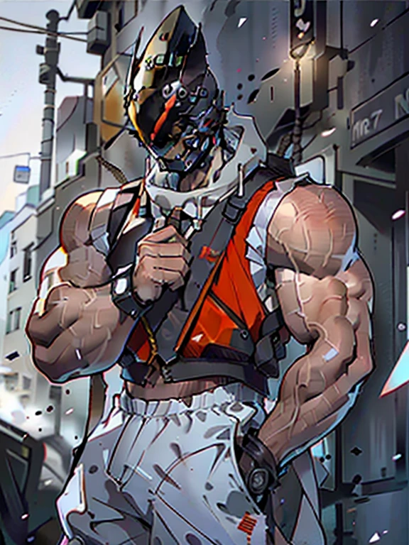 A man in a white tight vest,His tight muscles can be seen from the shape of the vest,Lean forward,Showing off his strong physique,Wear loose shorts,Asian face shape,Chainsaw in hand,Side Light,Run-down neighborhood,(Wearing a round white helmet),There is a smiley face on the helmet with a single tentacle,Sleeveless vest,Show your shoulders,Wearing a helmet,Wearing a helmet,Wearing a helmet,Wearing a helmet,Wearing a helmet,Wearing a helmet,Wearing a helmet,Wearing a helmet,Wearing a helmet,Wearing a helmet,Wearing a helmet