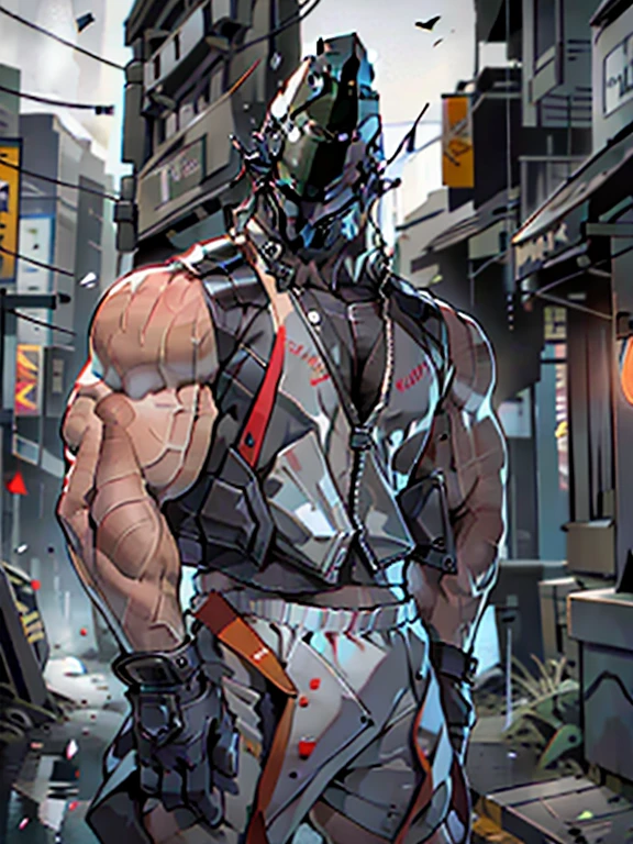 A man in a white tight vest,His tight muscles can be seen from the shape of the vest,Lean forward,Showing off his strong physique,Wear loose shorts,Asian face shape,Chainsaw in hand,Side Light,Run-down neighborhood,(Wearing a round white helmet),There is a smiley face on the helmet with a single tentacle,Sleeveless vest,Show your shoulders,Wearing a helmet,Wearing a helmet,Wearing a helmet,Wearing a helmet,Wearing a helmet,Wearing a helmet,Wearing a helmet,Wearing a helmet,Wearing a helmet,Wearing a helmet,Wearing a helmet