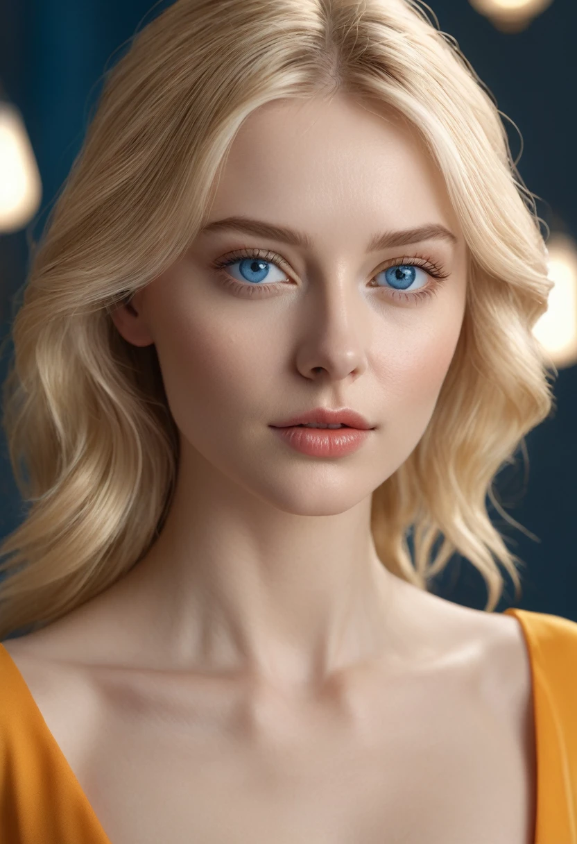 masterpiece, Best Quality, Photorealistic, Ultra-detailed, finely detail, high resolution, 8k wallpaper, RAW color photo, Professional, high level of detail, Beautiful blonde woman, (detailed blue eyes nítido, award winning photo, ((Facing the front)), ((Look at viewers)), Small light, Low contrast, Facial symmetry, depth of fields, Cinematic background, central image, Lights up softly, (finely detailed skin), pale skin, Realistic skin texture, Extreme skin details, (pores: 0.1), Yellow-orange dress, small bust with good shape, , slim figure, Hourglass body shape