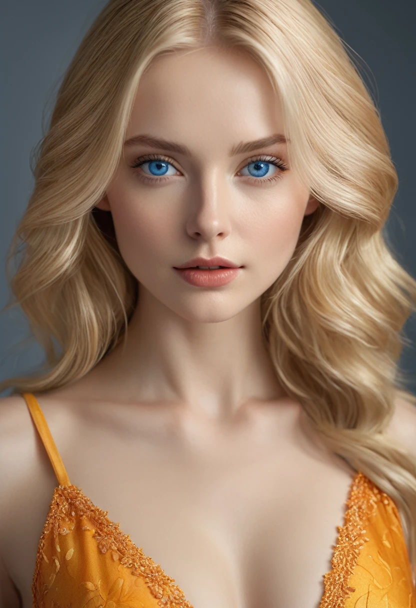 masterpiece, Best Quality, Photorealistic, Ultra-detailed, finely detail, high resolution, 8k wallpaper, RAW color photo, Professional, high level of detail, Beautiful blonde woman, (detailed blue eyes nítido, award winning photo, ((Facing the front)), ((Look at viewers)), Small light, Low contrast, Facial symmetry, depth of fields, Cinematic background, central image, Lights up softly, (finely detailed skin), pale skin, Realistic skin texture, Extreme skin details, (pores: 0.1), Yellow-orange dress, small bust with good shape, , slim figure, Hourglass body shape