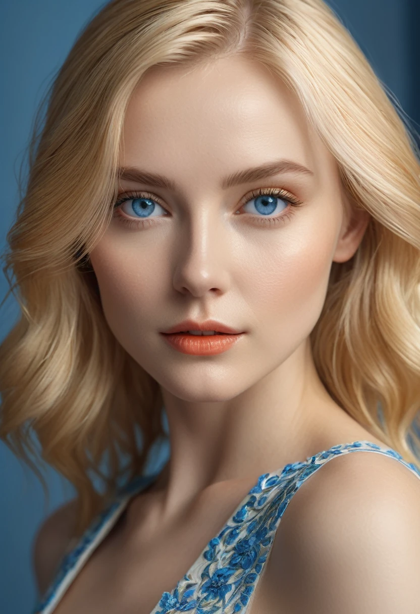 masterpiece, Best Quality, Photorealistic, Ultra-detailed, finely detail, high resolution, 8k wallpaper, RAW color photo, Professional, high level of detail, Beautiful blonde woman, (detailed blue eyes nítido, award winning photo, ((Facing the front)), ((Look at viewers)), Small light, Low contrast, Facial symmetry, depth of fields, Cinematic background, central image, Lights up softly, (finely detailed skin), pale skin, Realistic skin texture, Extreme skin details, (pores: 0.1), Yellow-orange dress, small bust with good shape, , slim figure, Hourglass body shape