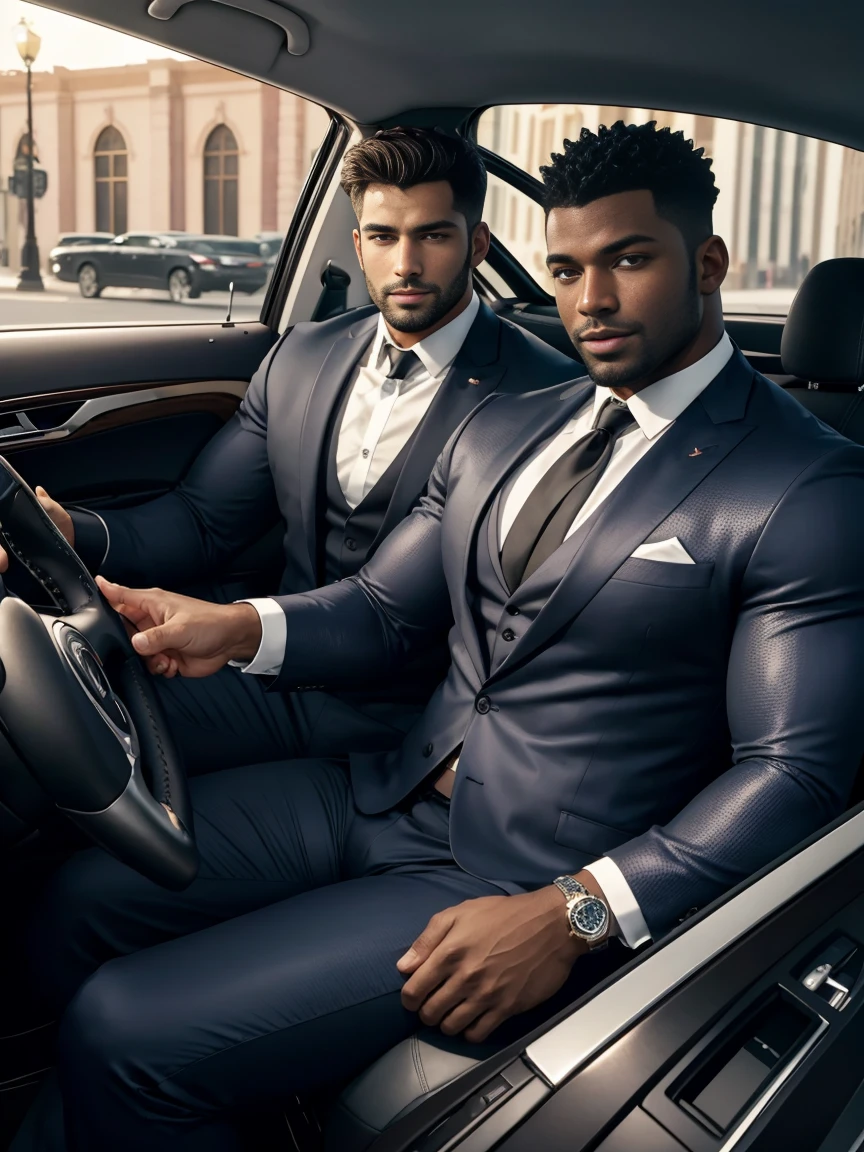 8K，8K resolution，2 Muscular Europeans, handsome man，charming eyes，dark skin,beautiful, smooth and shiny，Full muscles，Thick body hair， (wearing a stylish suit)，big bag highlights，Excellent j8，emphasize，Driving a luxury convertible，The car is full of roses，Two men smiling happily，professional lighting，Professional photography，Realistic photos，realistic model，realistic art，Perfect hand details