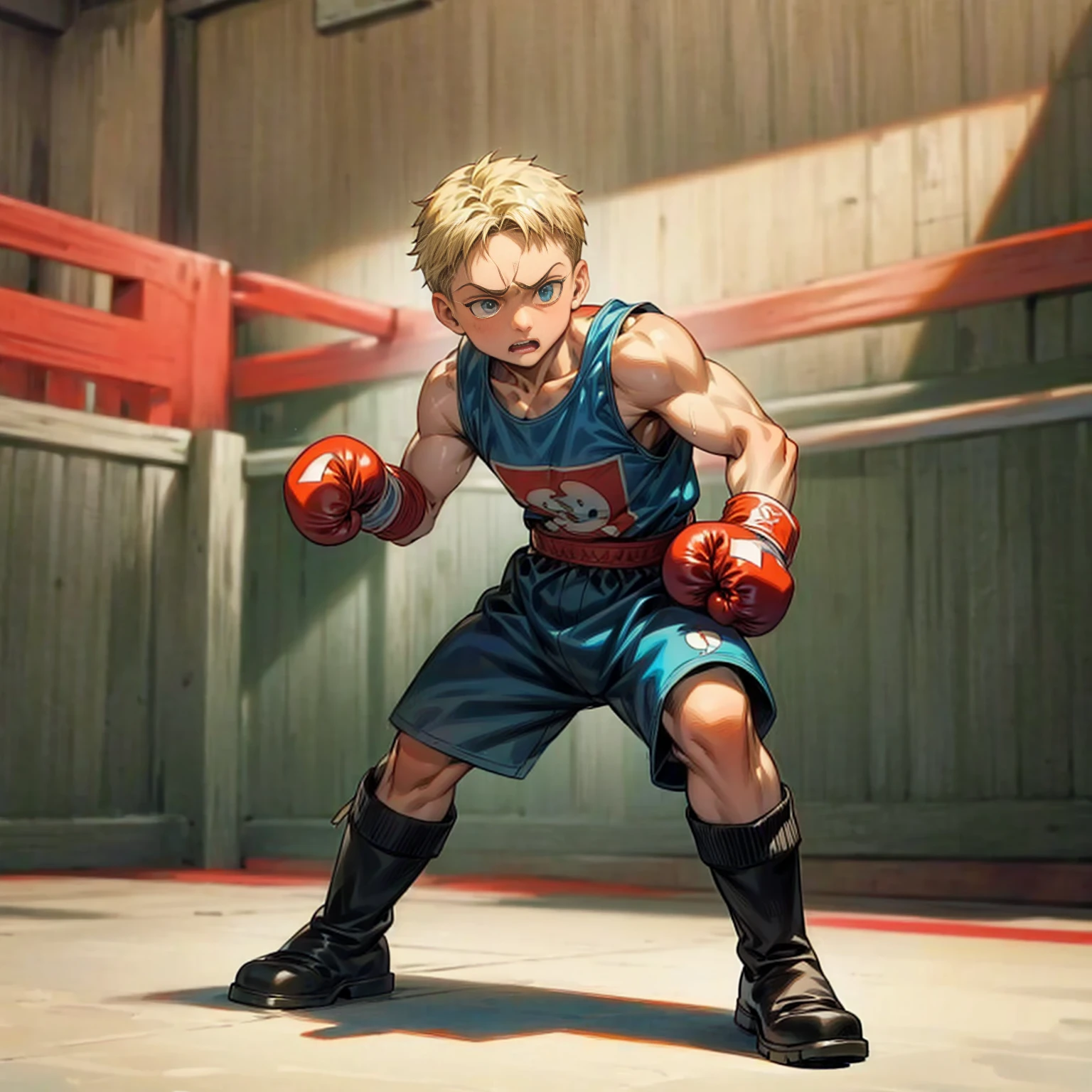 1**********, Full body version, 1character, blue eyes color, tan skin, short hairstyle, blonde colour hair, his fat, Boxing outfit clothing, boots, Grassroots background in ring boxing, motion blur, (one piece style art), shadow, no weapon, boxing gloves, boxing, 