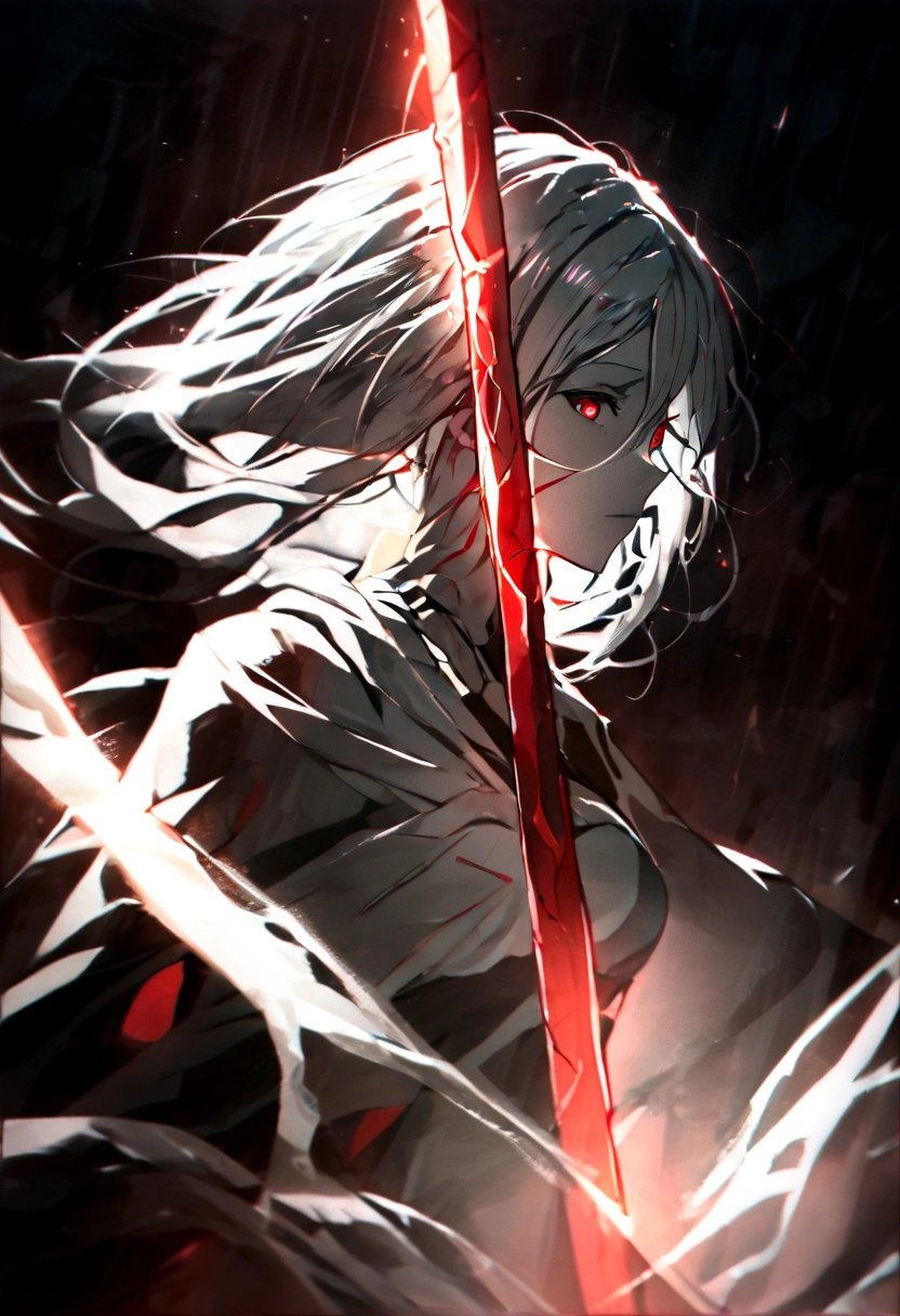 a woman with white hair with red streaks, a neutral facial expression, detailed red eyes, holding a large red sword, in a dark place, detailed facial features, dramatic lighting, moody atmosphere, cinematic composition, high contrast, digital painting, fantasy, dark fantasy, dramatic, mystical
