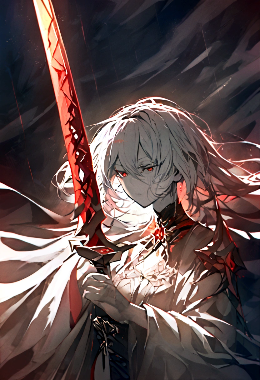 a woman with white hair with red streaks, a neutral facial expression, detailed red eyes, holding a large red sword, in a dark place, detailed facial features, dramatic lighting, moody atmosphere, cinematic composition, high contrast, digital painting, fantasy, dark fantasy, dramatic, mystical
