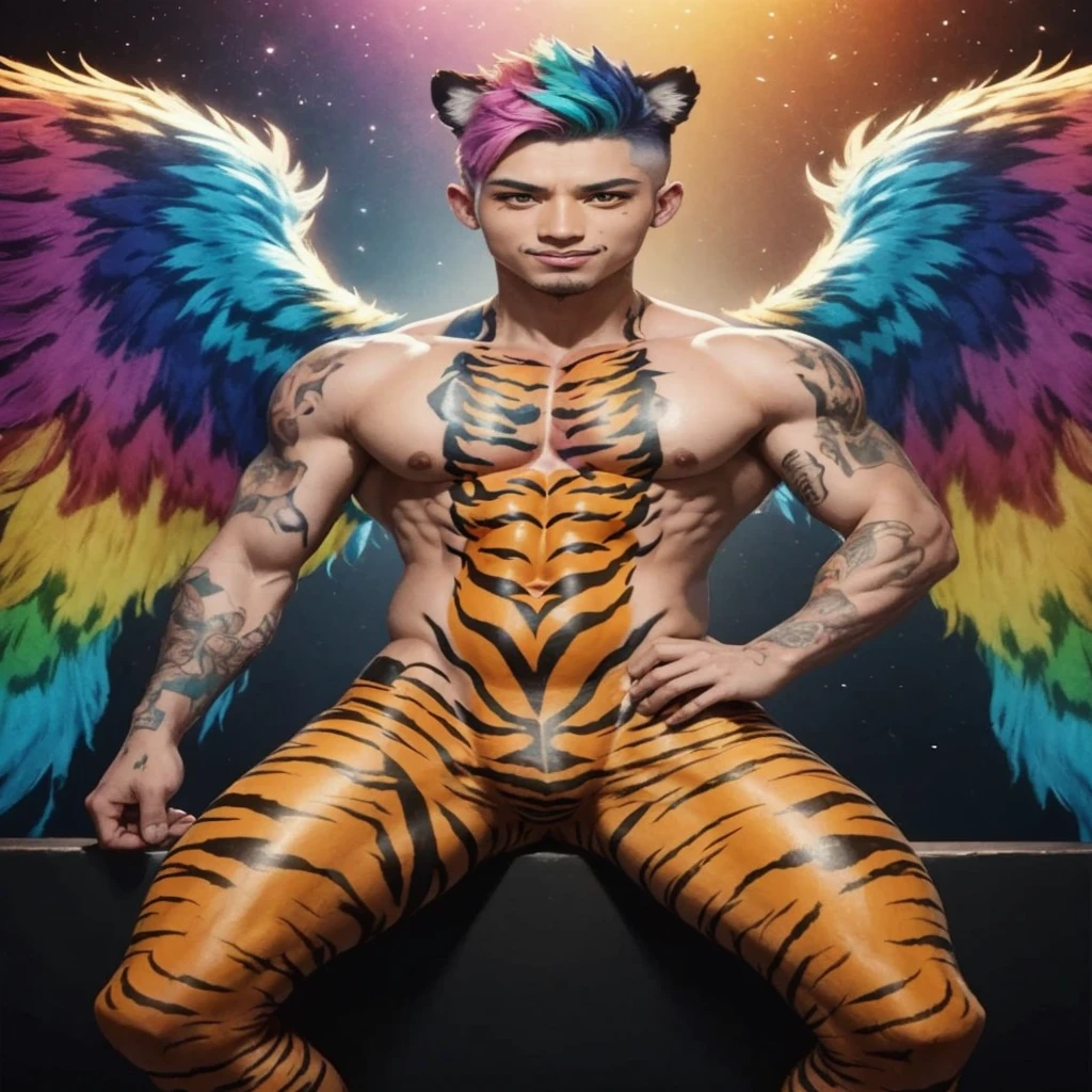 very colorful tiger fur all over the body, completely colorful from head to toe, colorful angel tiger, colorful tiger stripe tattoo on whole body!!!, colorful tiger skin, striped skin, dünn, rainbow-Fell, Tigerfell, tiger, rainbowtiger, rainbow, more colorful, 🏳️‍🌈🐅🐯🏳️‍🌈🏳️‍🌈🏳️‍🌈🐅🐅🐅🐯🐯🐯 bunter Tiger, bunter Engel, mehr Farbe