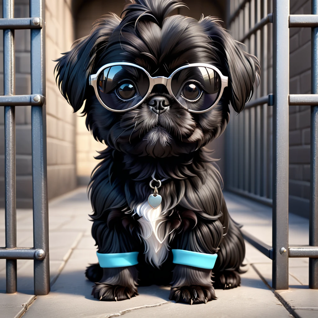 2 Adorable small black Shih Tzu puppies black sunglasses in jail 3d cartoon 3d render disney pixar style