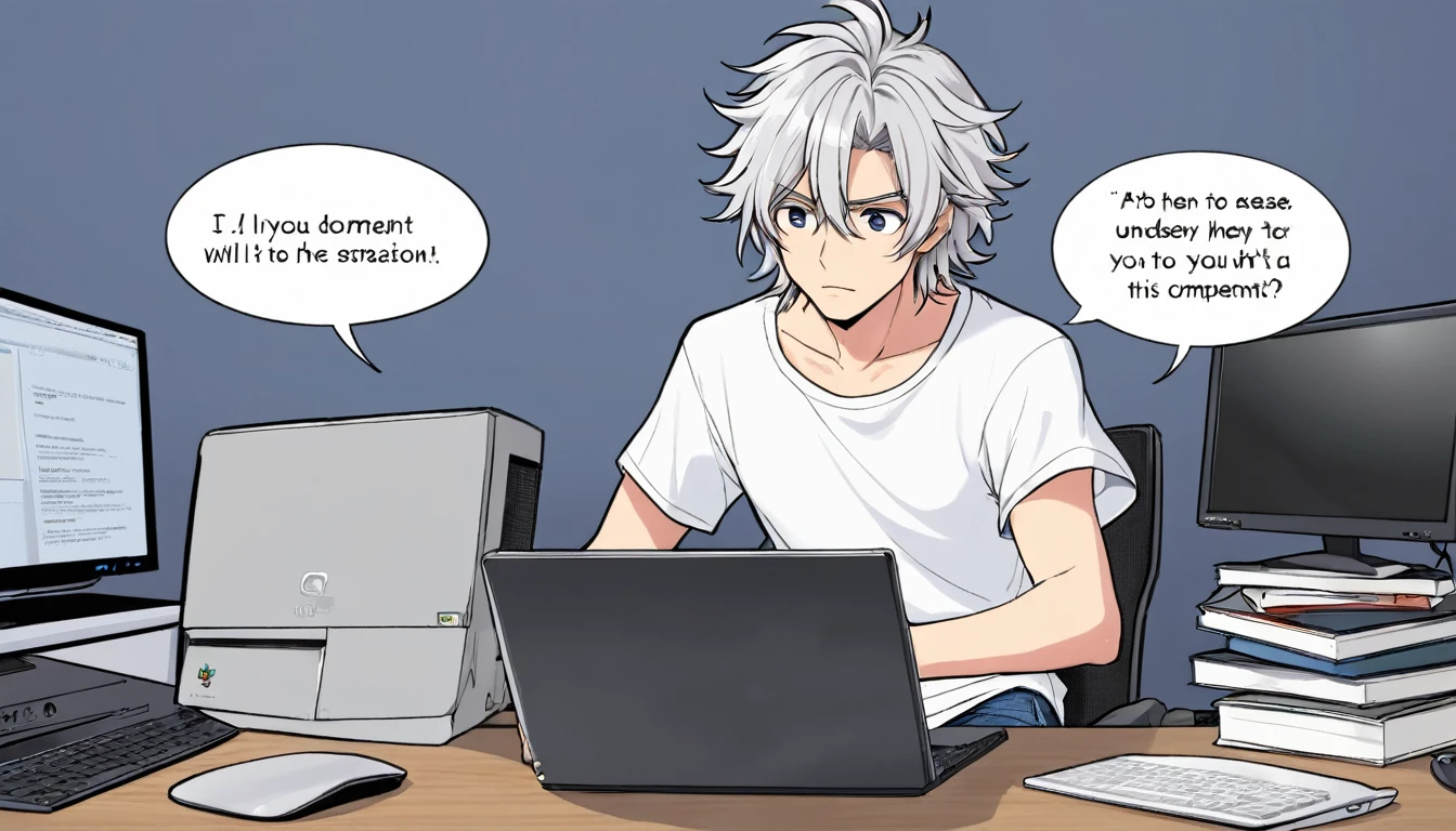 A silver-haired boy, holding a computer, messy hair, wearing jeans and a white T-shirt. If you ask him about something you don't understand about the computer, he will explain it to you politely. Please make a comic version of this story and also create speech bubbles for comments.