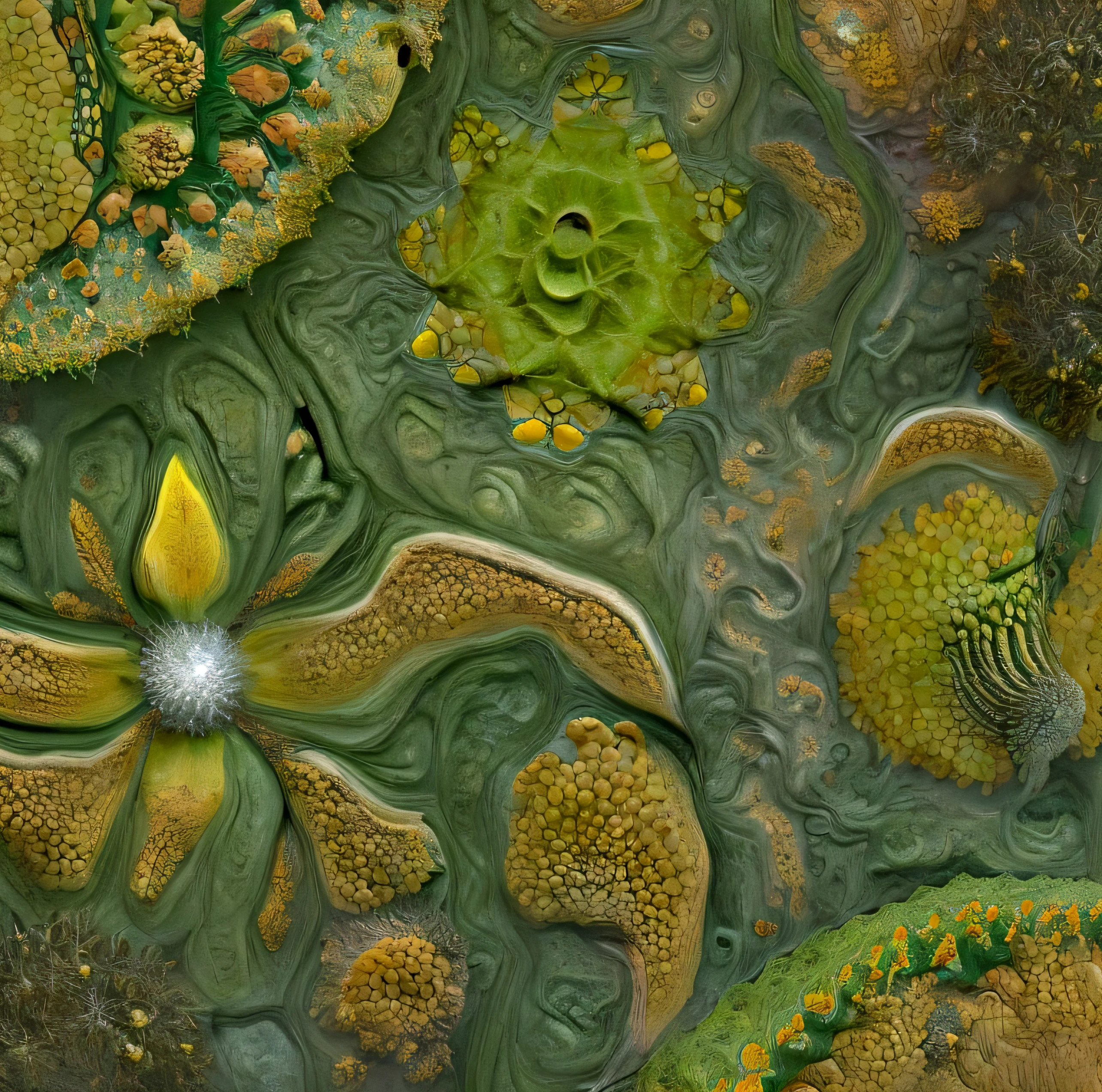 17+√(777×tan(17+17), fractal, Nurgle,dark green, yellow greenish and pale orange, organic matter, cellular colony, deep wiew,4k resolution,hyperdetailed, masterpiece, 3d modelling, abstract art, digital art