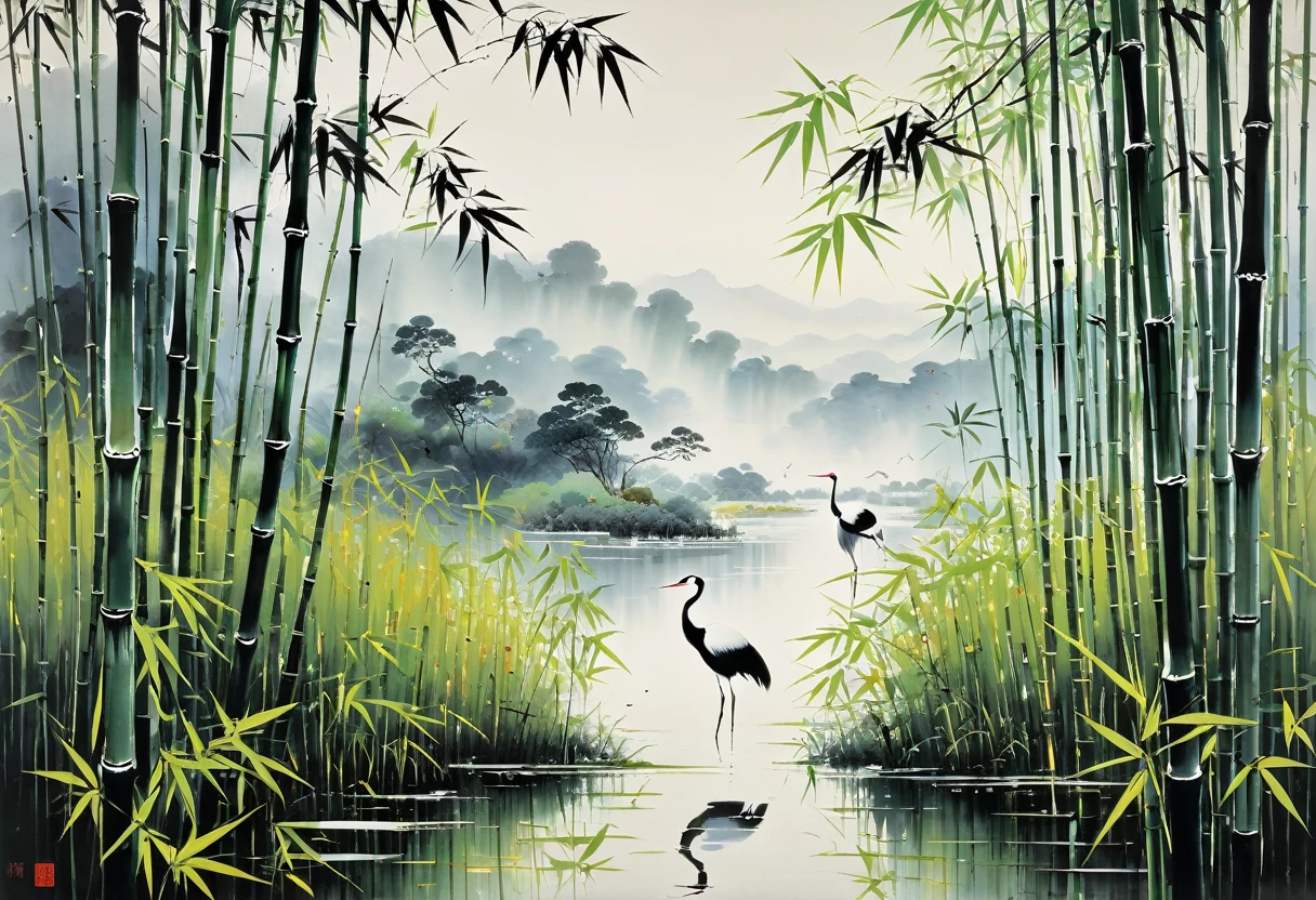 Wu Guanzhong paints a picture, the painting depicts a crane dancing in a bamboo thicket, full compliance with the style of Wu Guanzhong, combining traditional Chinese ink painting techniques with Western painting concepts, unique visual effects using color and line.