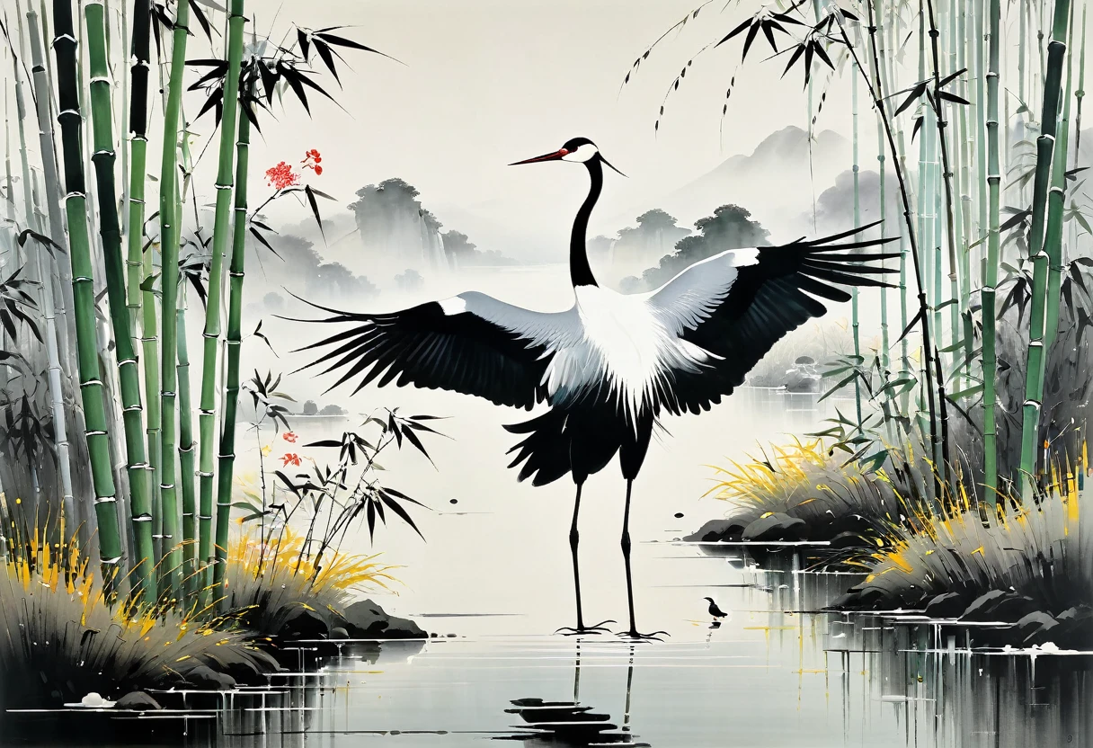 Wu Guanzhong paints a picture, the painting depicts a crane dancing in a bamboo thicket, full compliance with the style of Wu Guanzhong, combining traditional Chinese ink painting techniques with Western painting concepts, unique visual effects using color and line.