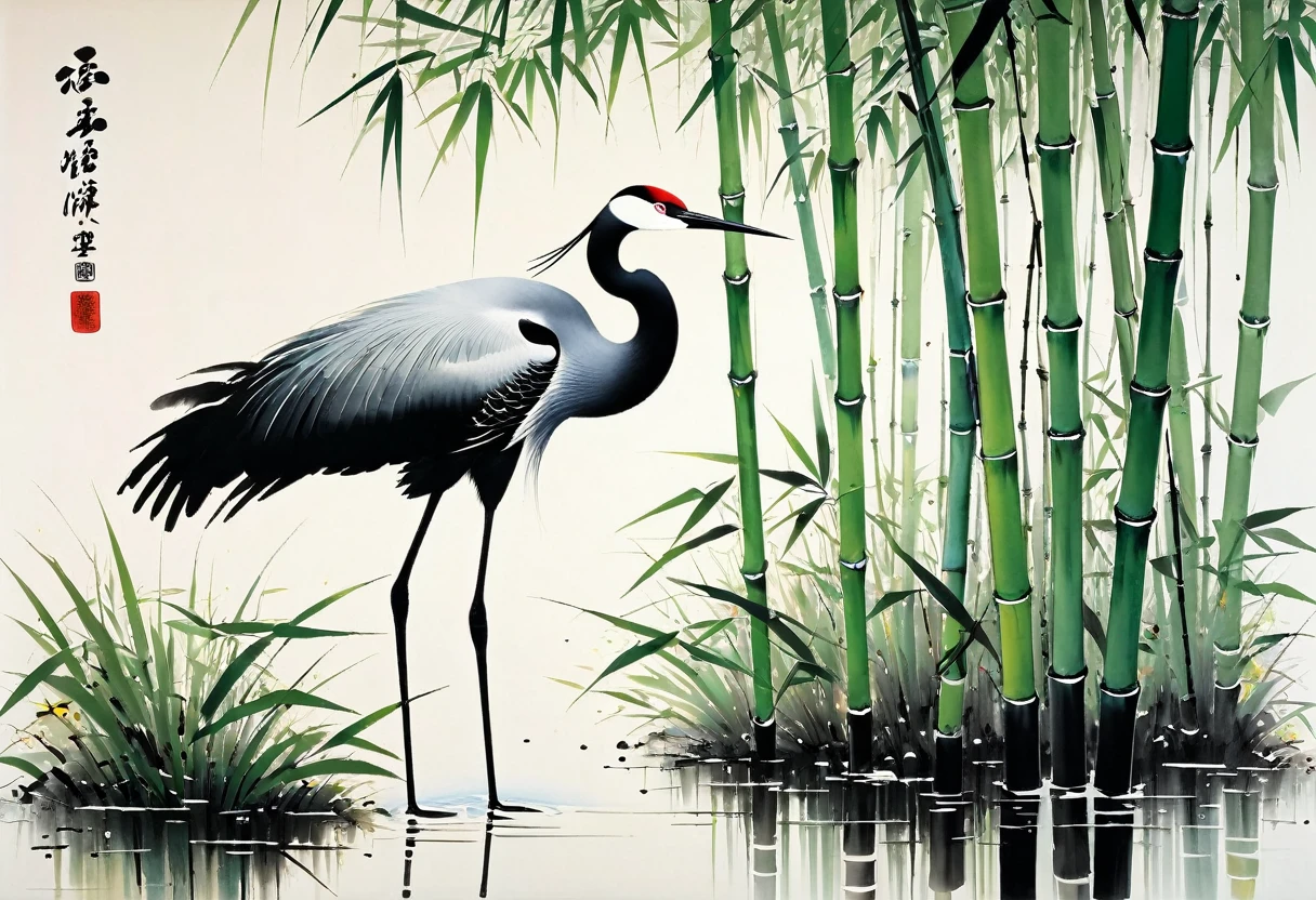 Wu Guanzhong paints a picture, the painting depicts a crane dancing in a bamboo thicket, full compliance with the style of Wu Guanzhong, combining traditional Chinese ink painting techniques with Western painting concepts, unique visual effects using color and line.
