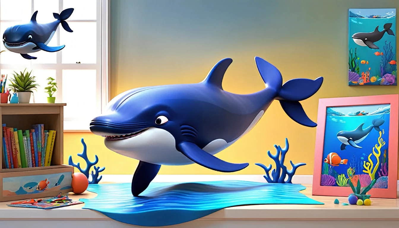 Create a 3-D Pixar style art scene for kids featuring various whales like blue whales, humpback whales, and orcas. The scene should be colorful and vibrant, with an ocean background, coral reefs, and schools of fish. The overall mood should be engaging and inviting for young children.