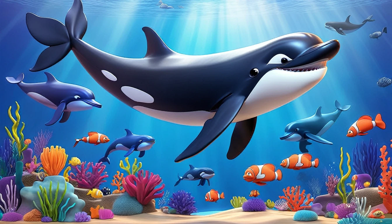 Create a 3-D Pixar style art scene for kids featuring various whales like blue whales, humpback whales, and orcas. The scene should be colorful and vibrant, with an ocean background, coral reefs, and schools of fish. The overall mood should be engaging and inviting for young children.