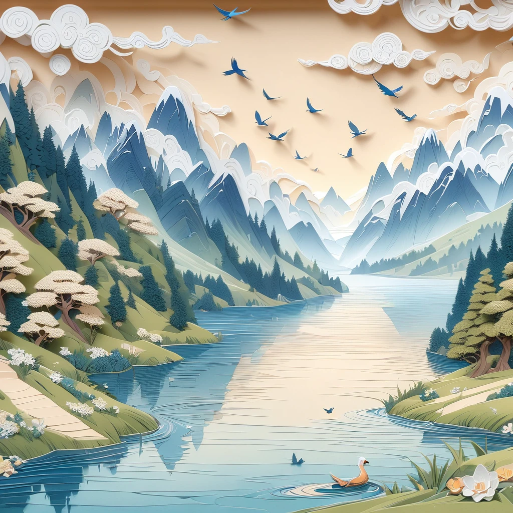 (masterpiece, best quality:1.2), embossed paper, alone，A painting of an alpine lake，The background is a castle，The foreground is trees，A bird flies on the water