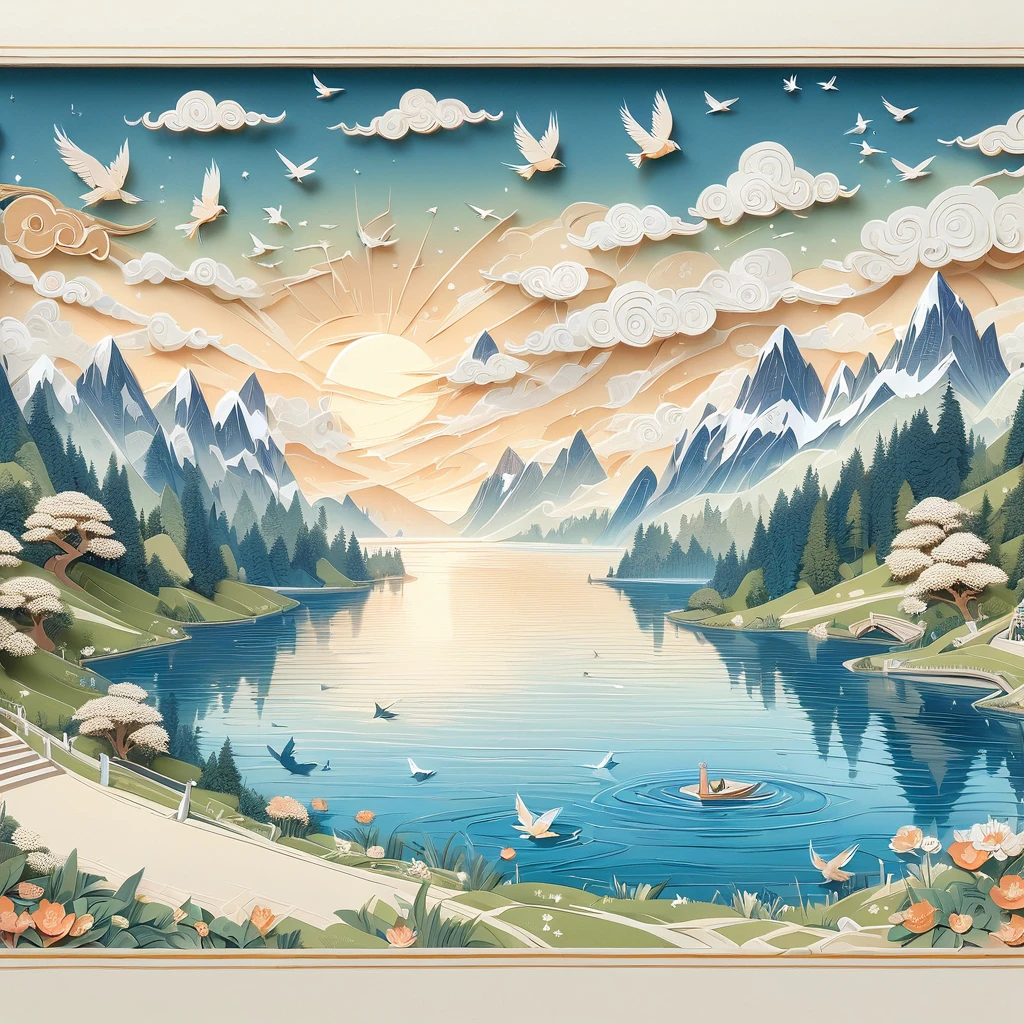 (masterpiece, best quality:1.2), embossed paper, alone,A painting of an alpine lake,The background is a castle,The foreground is trees,A bird flies on the water