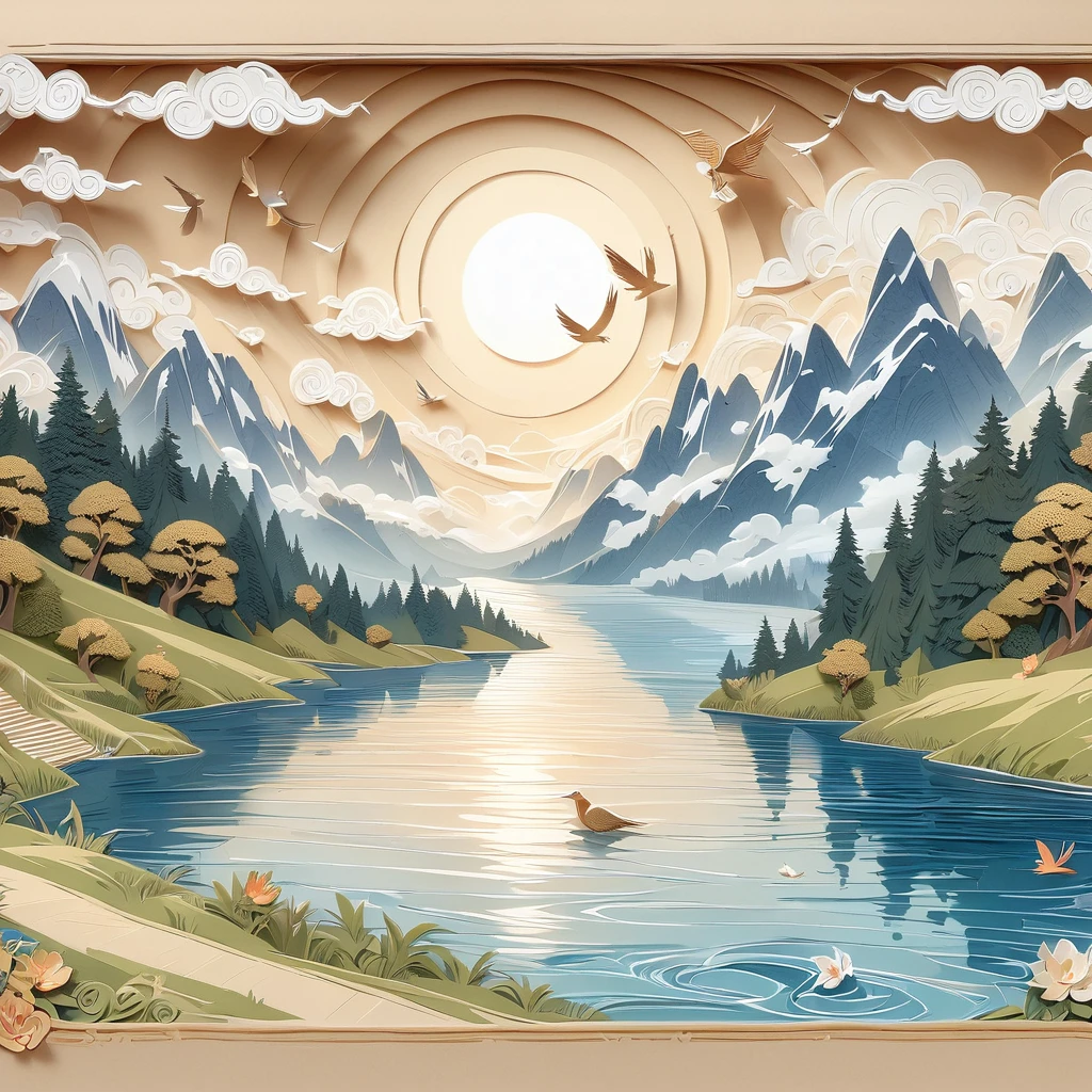 (masterpiece, best quality:1.2), embossed paper, alone，A painting of an alpine lake，The background is a castle，The foreground is trees，A bird flies on the water